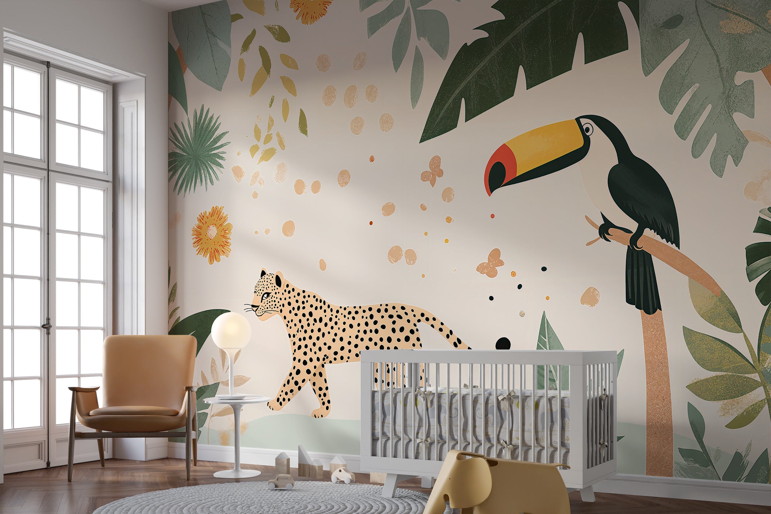 Removable nursery mural with cheetah and toucan
Tropical kids room wall art with cartoon animals