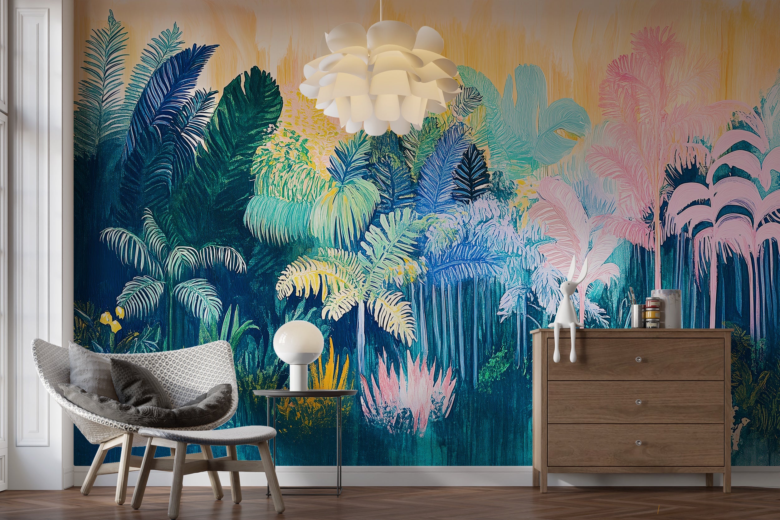 Whimsical watercolor jungle mural for playroom
Colorful abstract jungle wallpaper for baby room