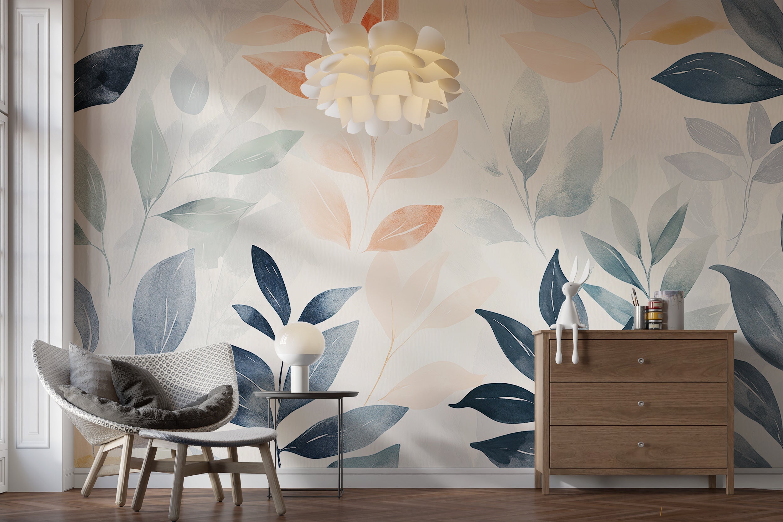 Minimalist leaf design wallpaper with calming colors
Removable boho botanical wall art in pastel tones