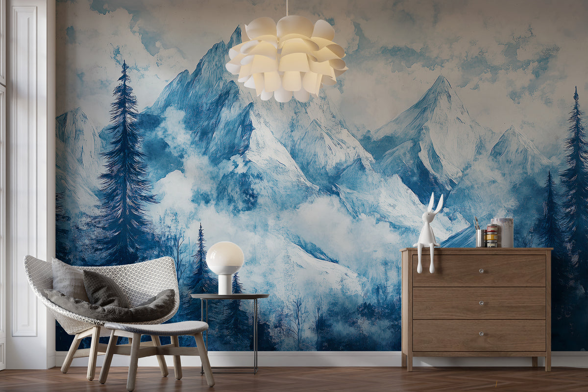 Snowy Mountains Mural - Blue Watercolor Forest and Mountain Wallpaper