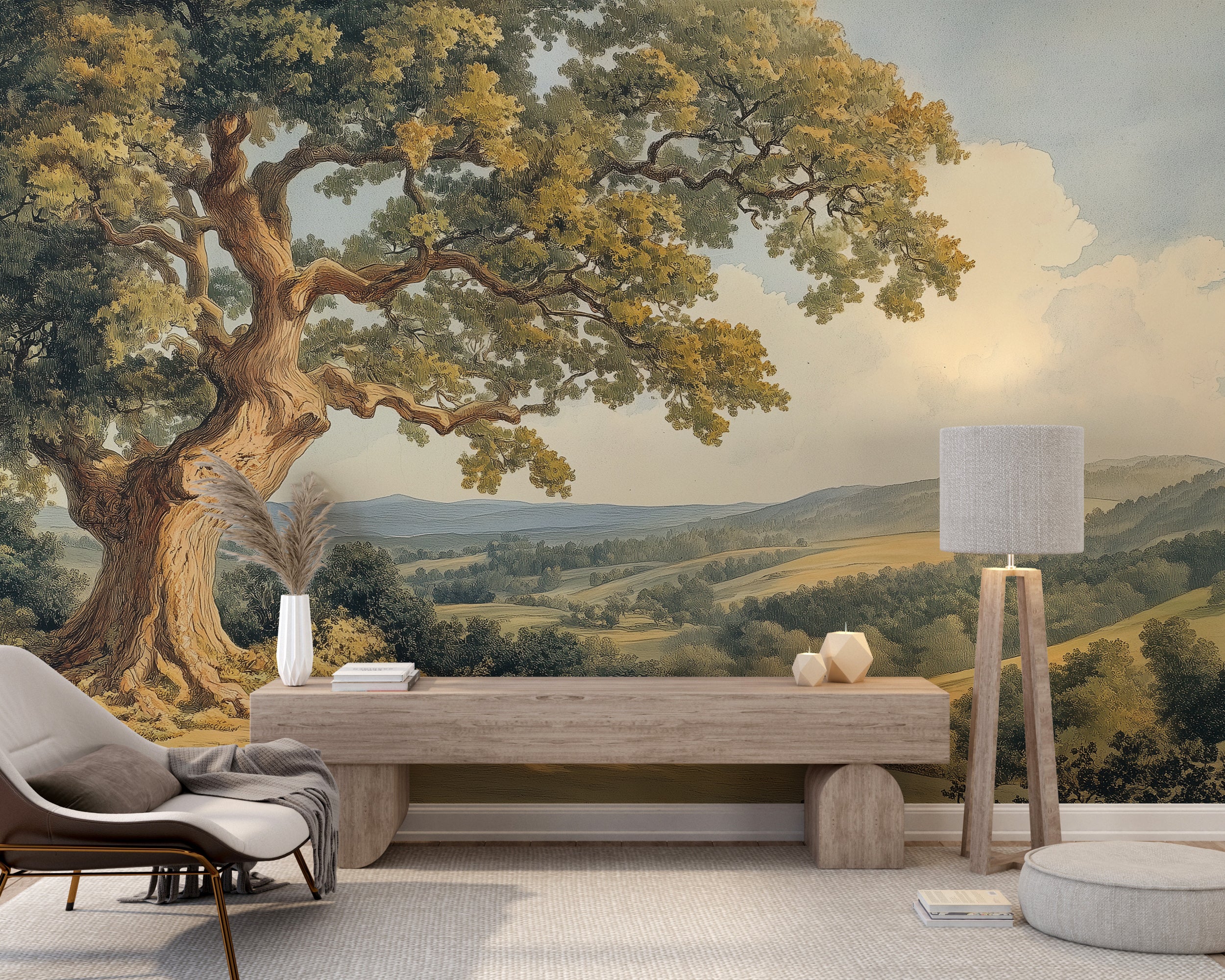 Large tree and field mural for classic interior decor.
Vintage-inspired scenic mural with summer nature art.