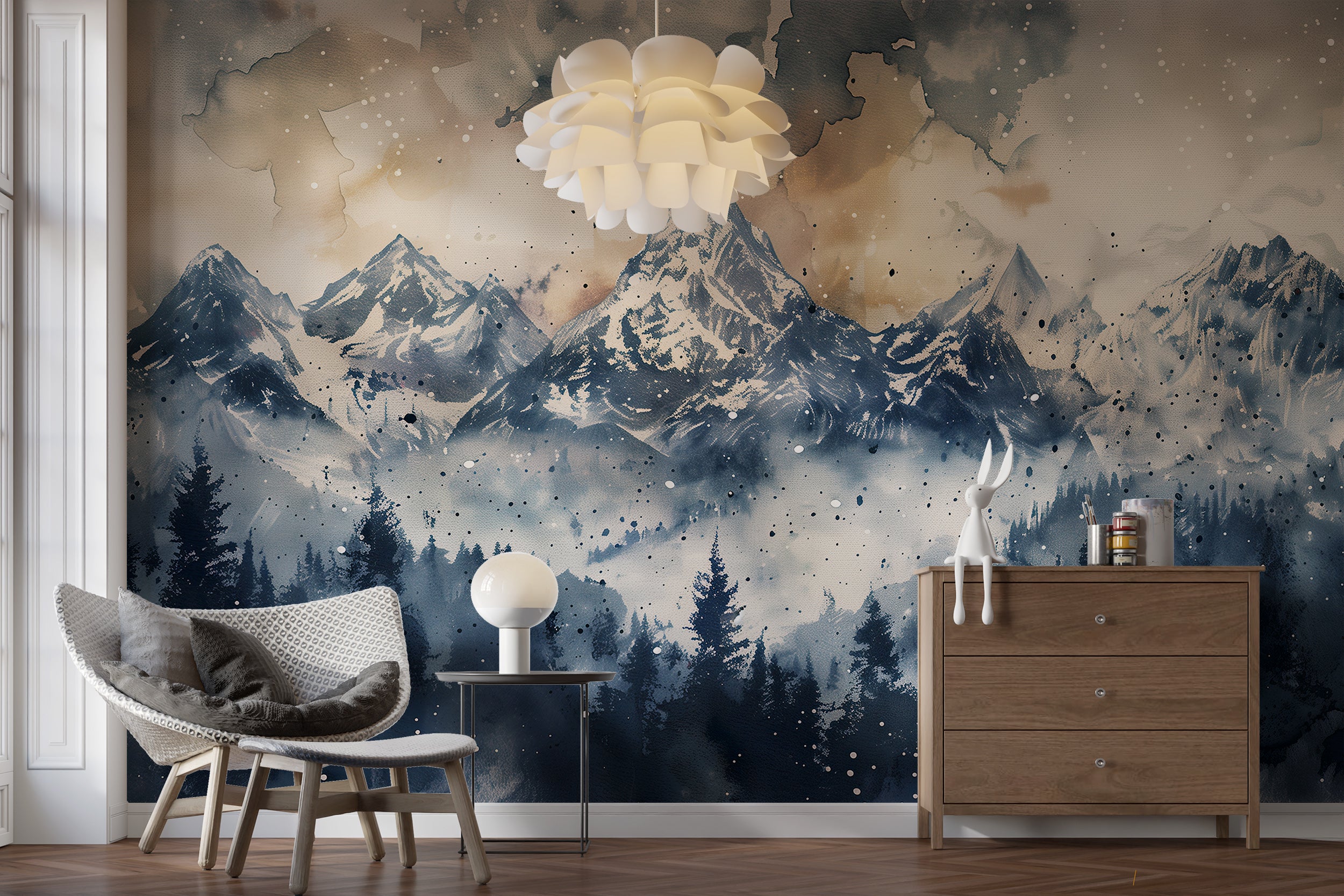 Earth tones mountains view mural with grey and beige colors
Peel and stick watercolor landscape wallpaper for accent walls