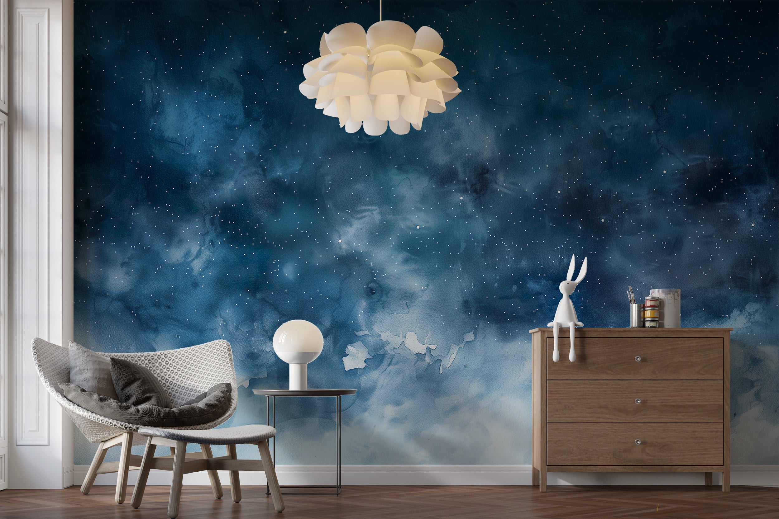 Nursery starry night decor with peel and stick design
Whimsical blue starry sky mural for child's bedroom