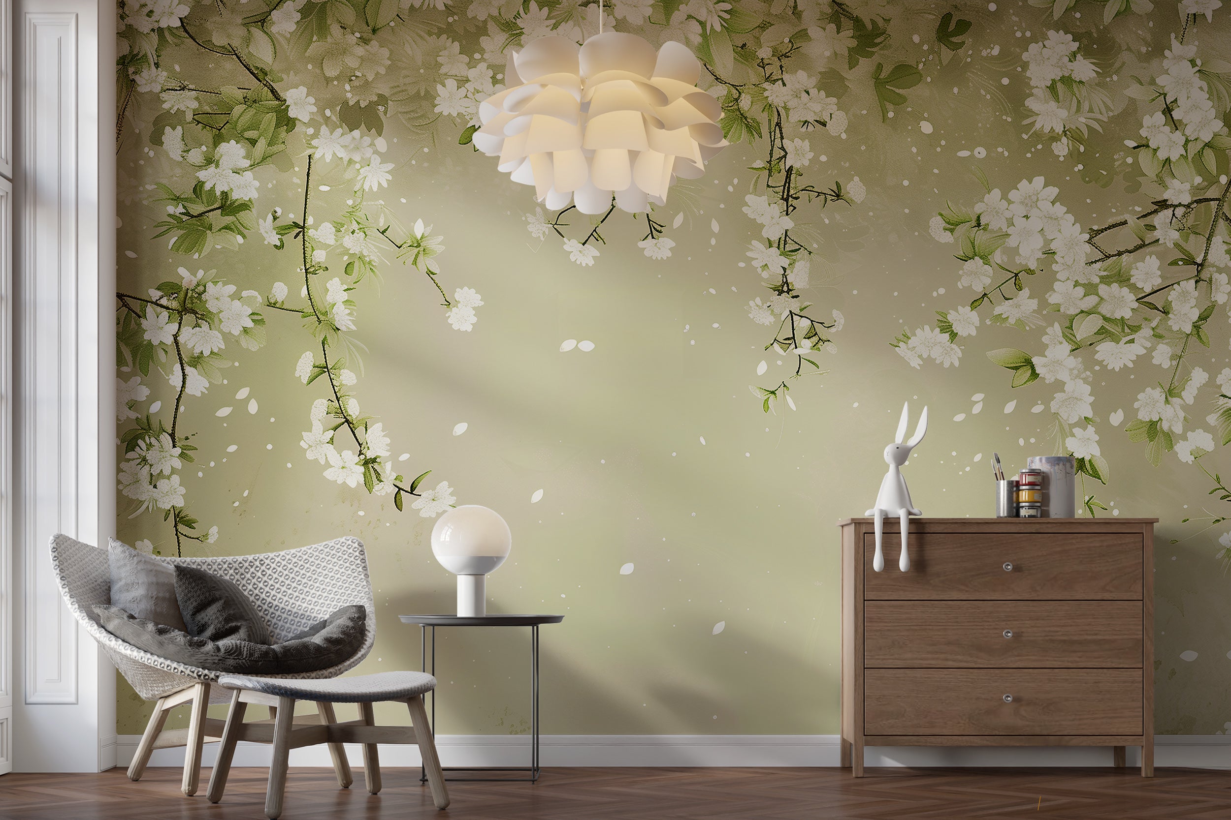 Peel and stick willow branches wallpaper for bedrooms
Serene botanical wallpaper with white flowers