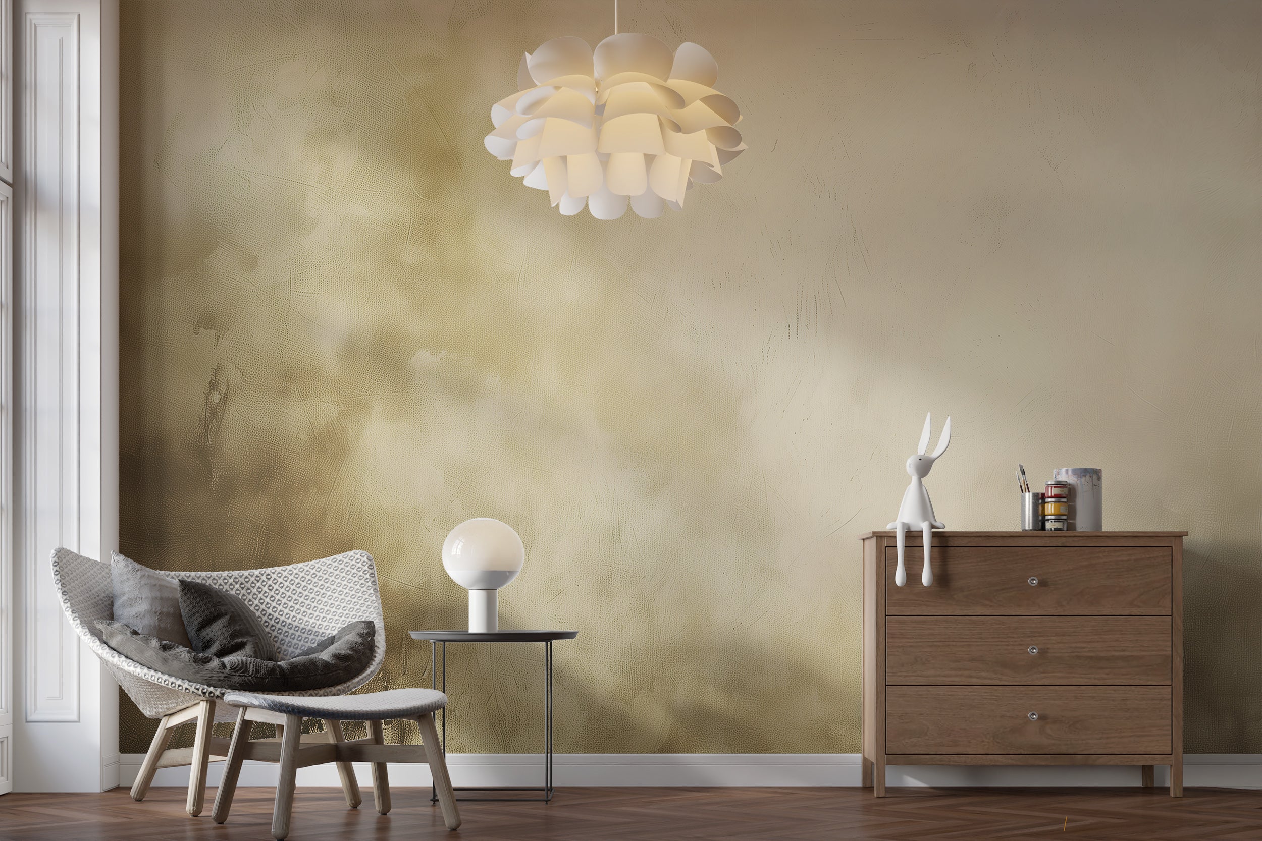 Modern beige accent wallpaper with plaster look
Peel and stick rustic beige mural for bedrooms