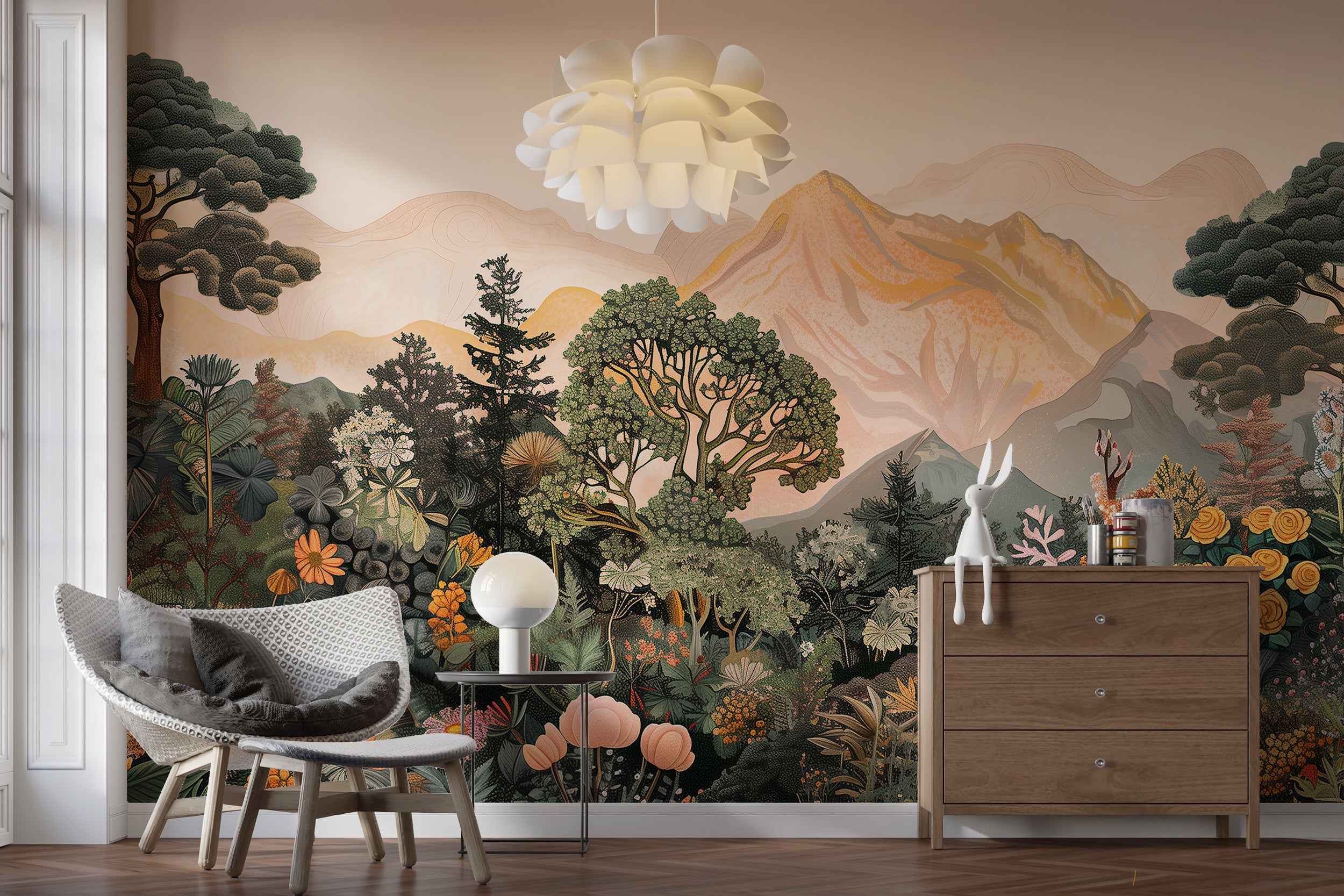 Vibrant botanical wallpaper with lush foliage
Peel and stick nature-inspired mural for stylish decor