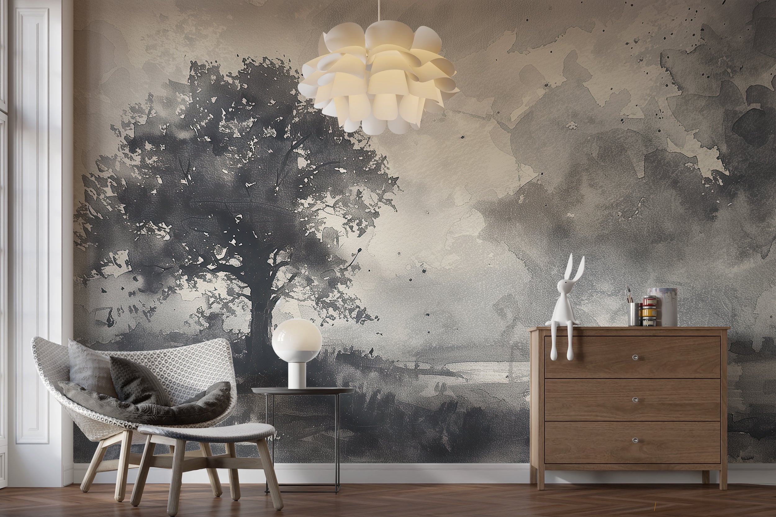 Vintage-inspired peel and stick mural for home transformation
Grey and dark field landscape wallpaper for sophisticated decor