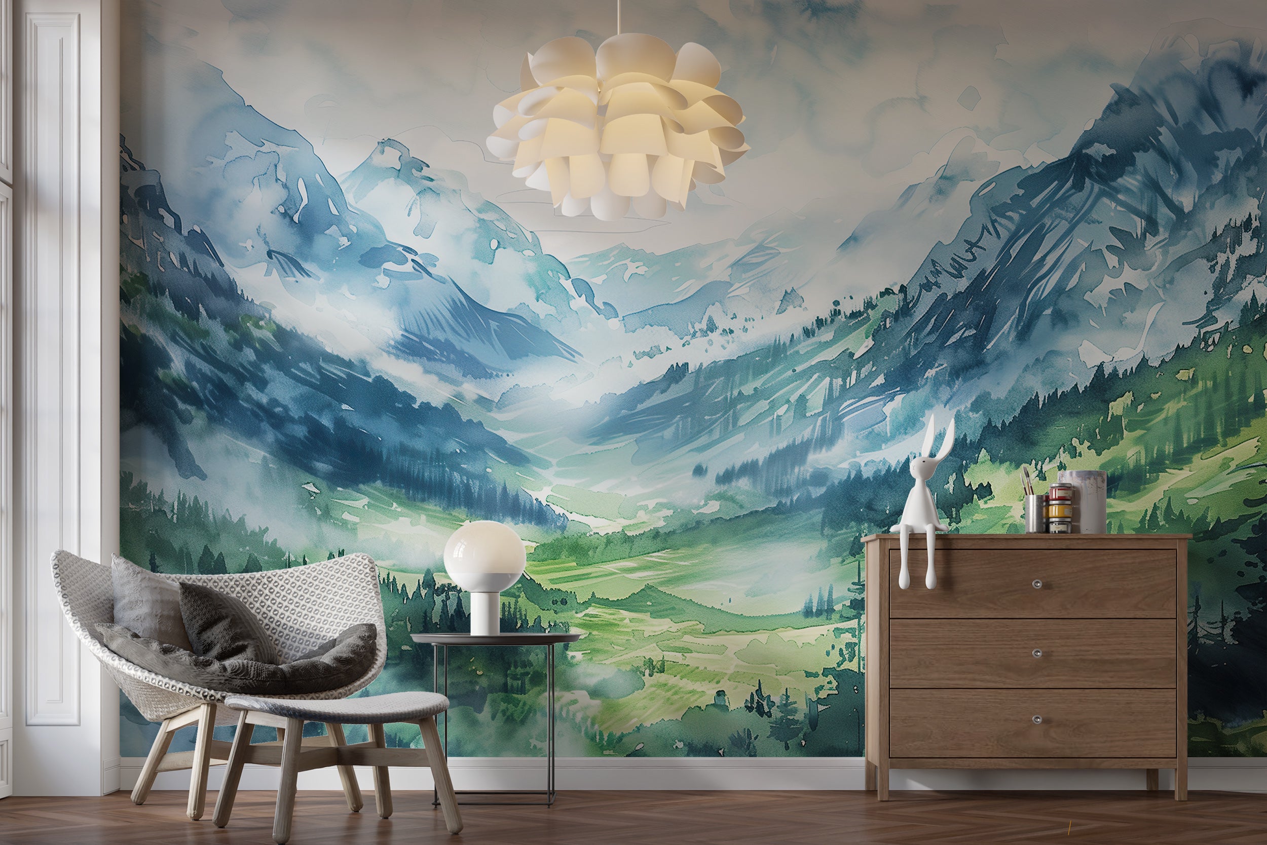 Easy-to-install green and blue mountain mural for kids' rooms
Tranquil cloudy mountain wallpaper for calming nursery atmosphere