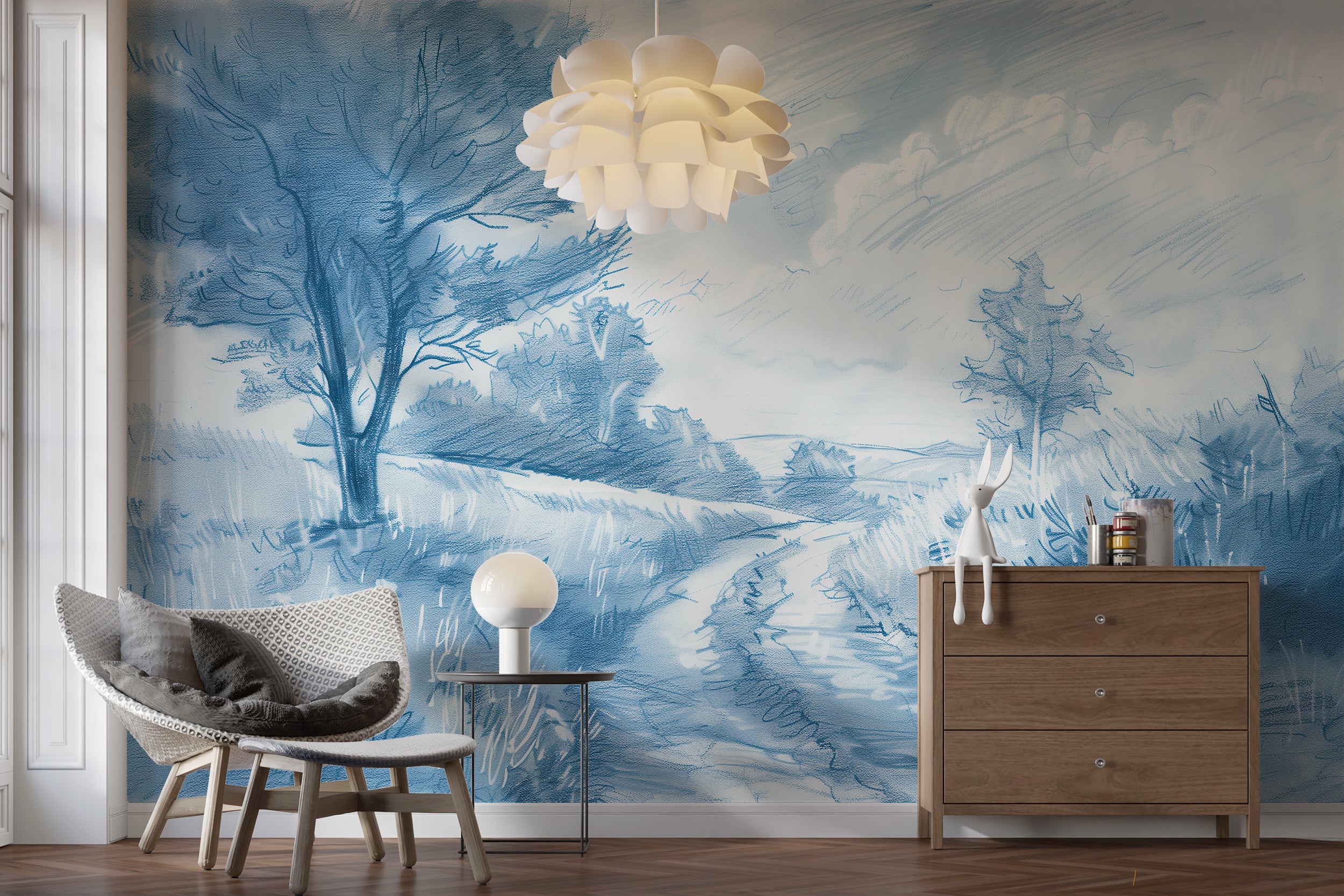 Easy-to-install blue monochrome field mural for bedrooms
Timeless French landscape design for peel and stick wall decor