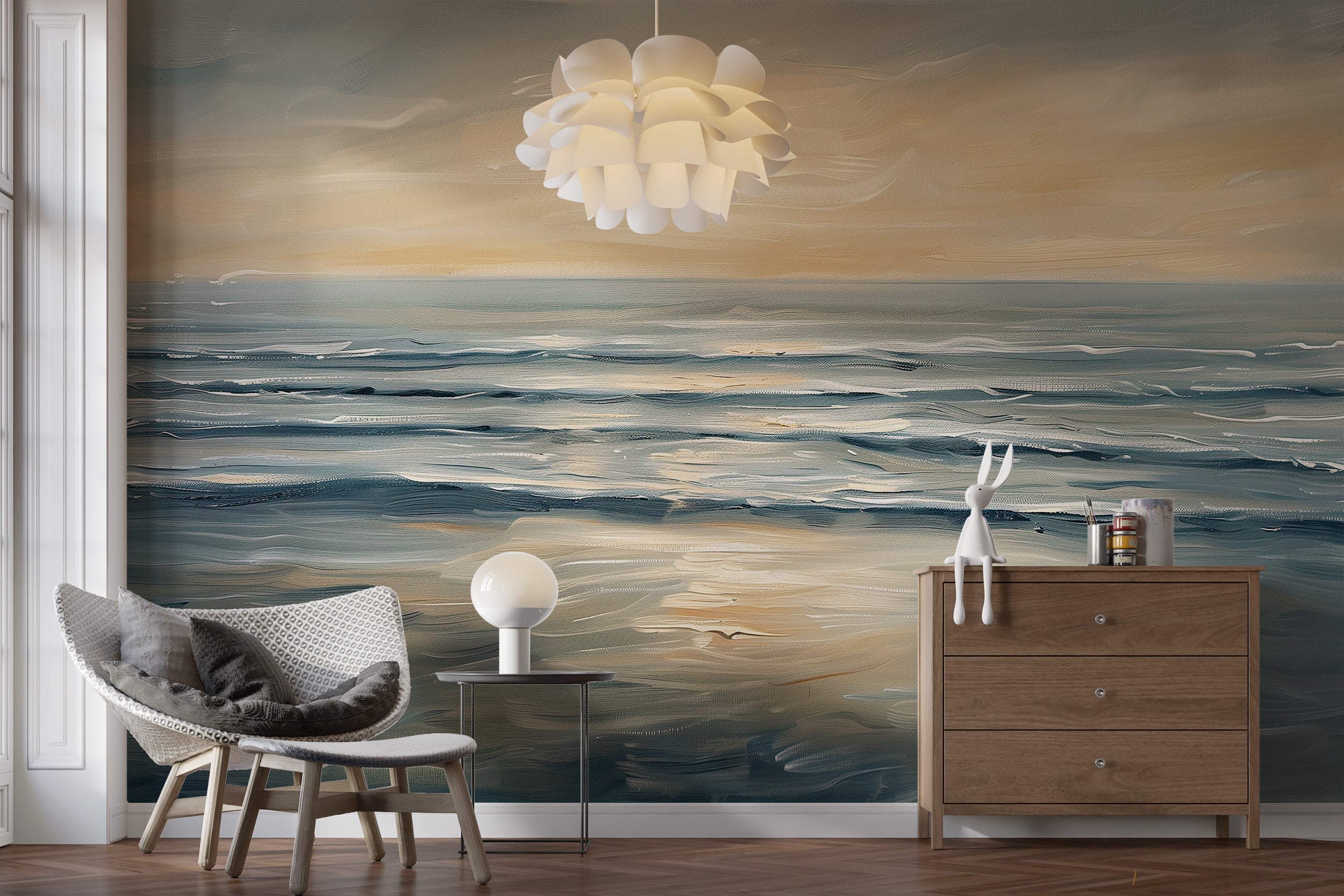 Coastal peel and stick wall art with oil painting effect
Soothing ocean landscape mural for serene spaces