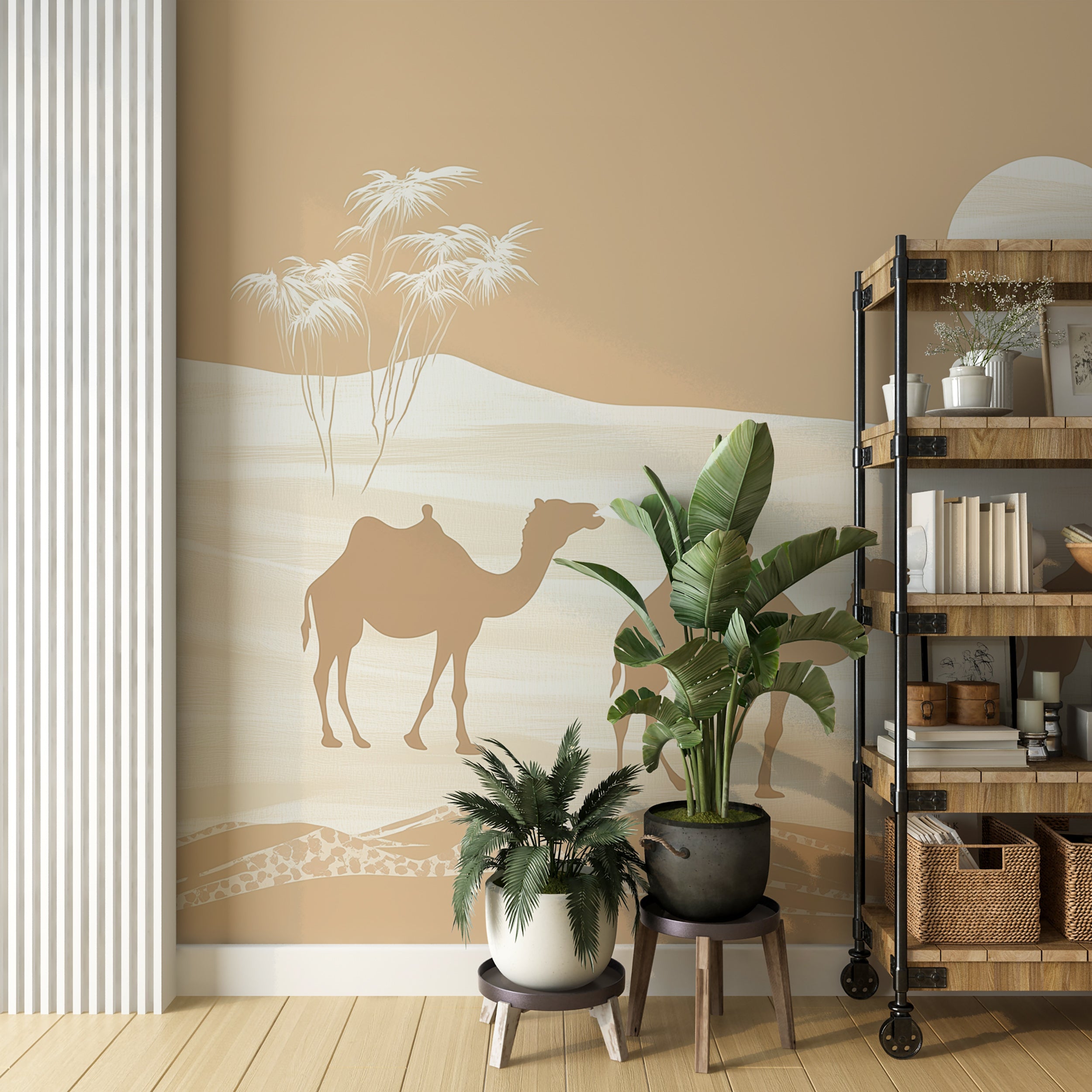 Calming sand dune and camel wall mural for bedrooms.
Minimalist camel mural for living room accent walls.