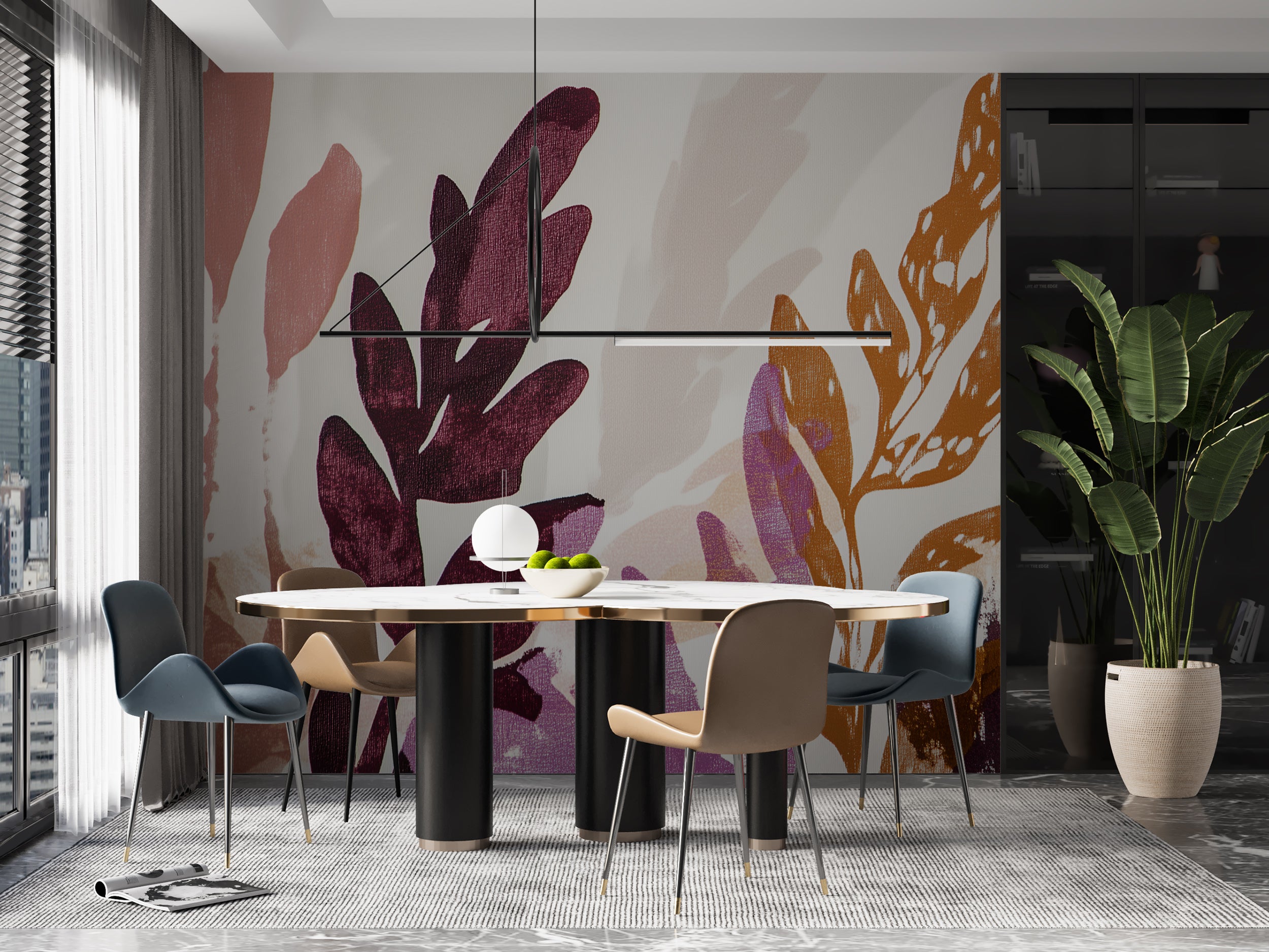 Scandinavian boho wallpaper with botanical elements.
Peel-and-stick abstract leaf mural for eclectic spaces.