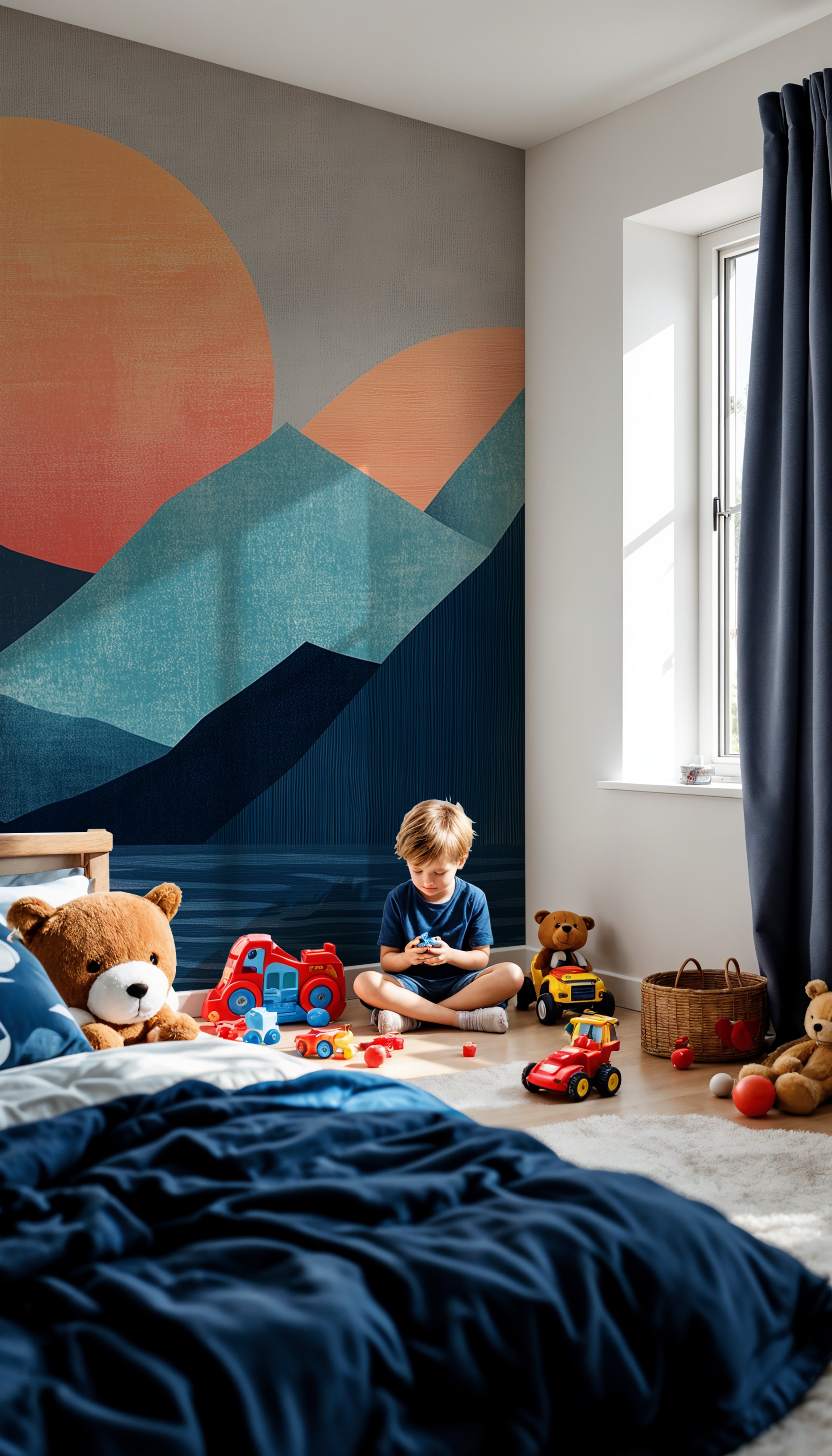 Peel-and-stick sunset mural with abstract mountain design.
Minimalist nature wall art featuring mountains and sunset.