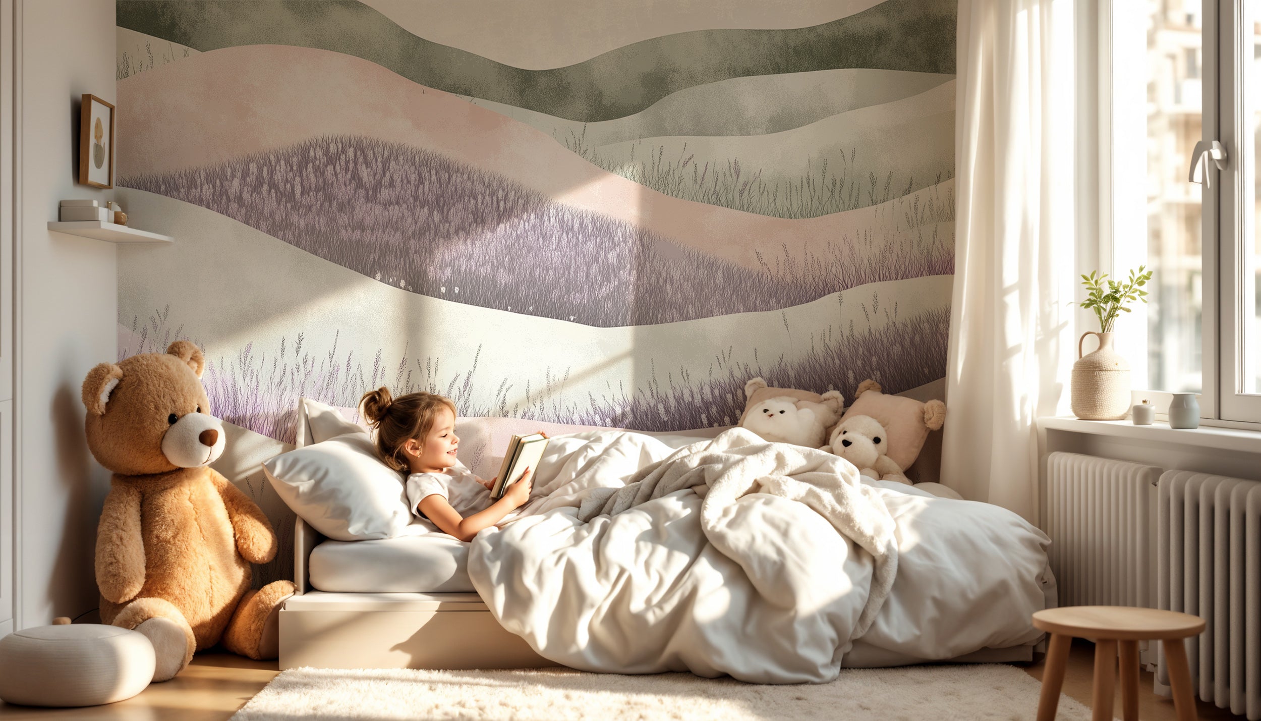 Nature-inspired nursery wallpaper with lavender fields.
Pastel colors lavender wall art for serene interiors.