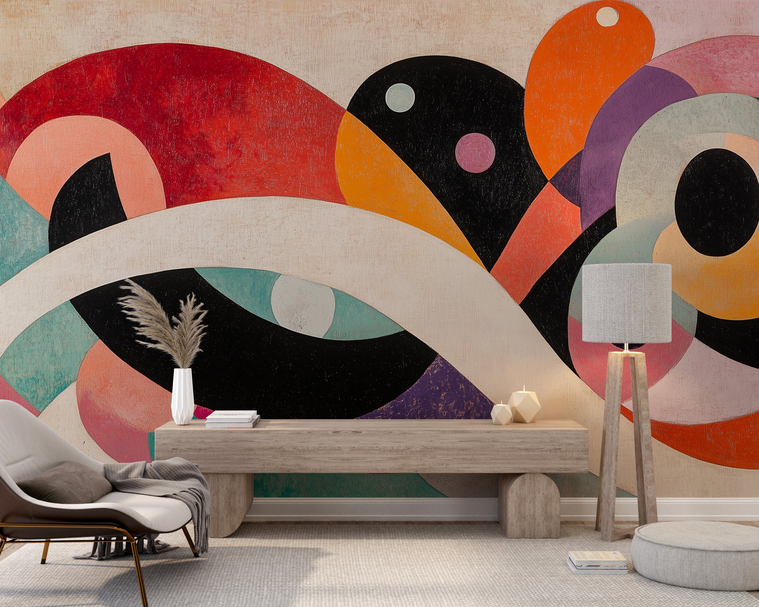 Contemporary wall art with bold geometric patterns.
Removable art-deco wallpaper in vibrant tones.