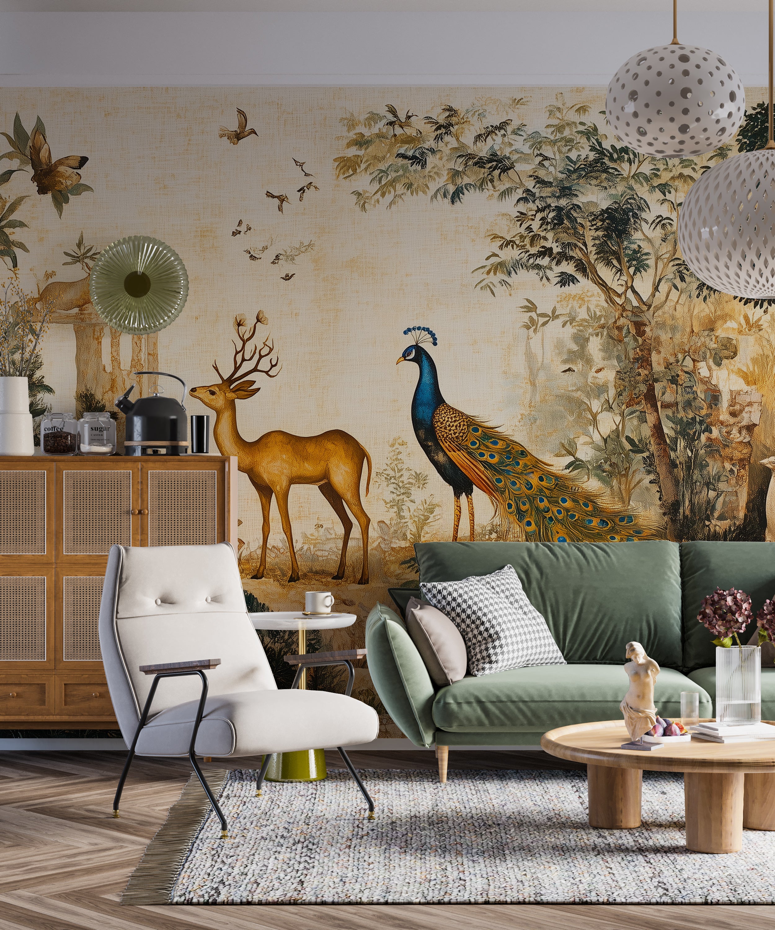 Japanese-inspired floral mural with intricate details.
Elegant vintage wall art with peacocks and deer.