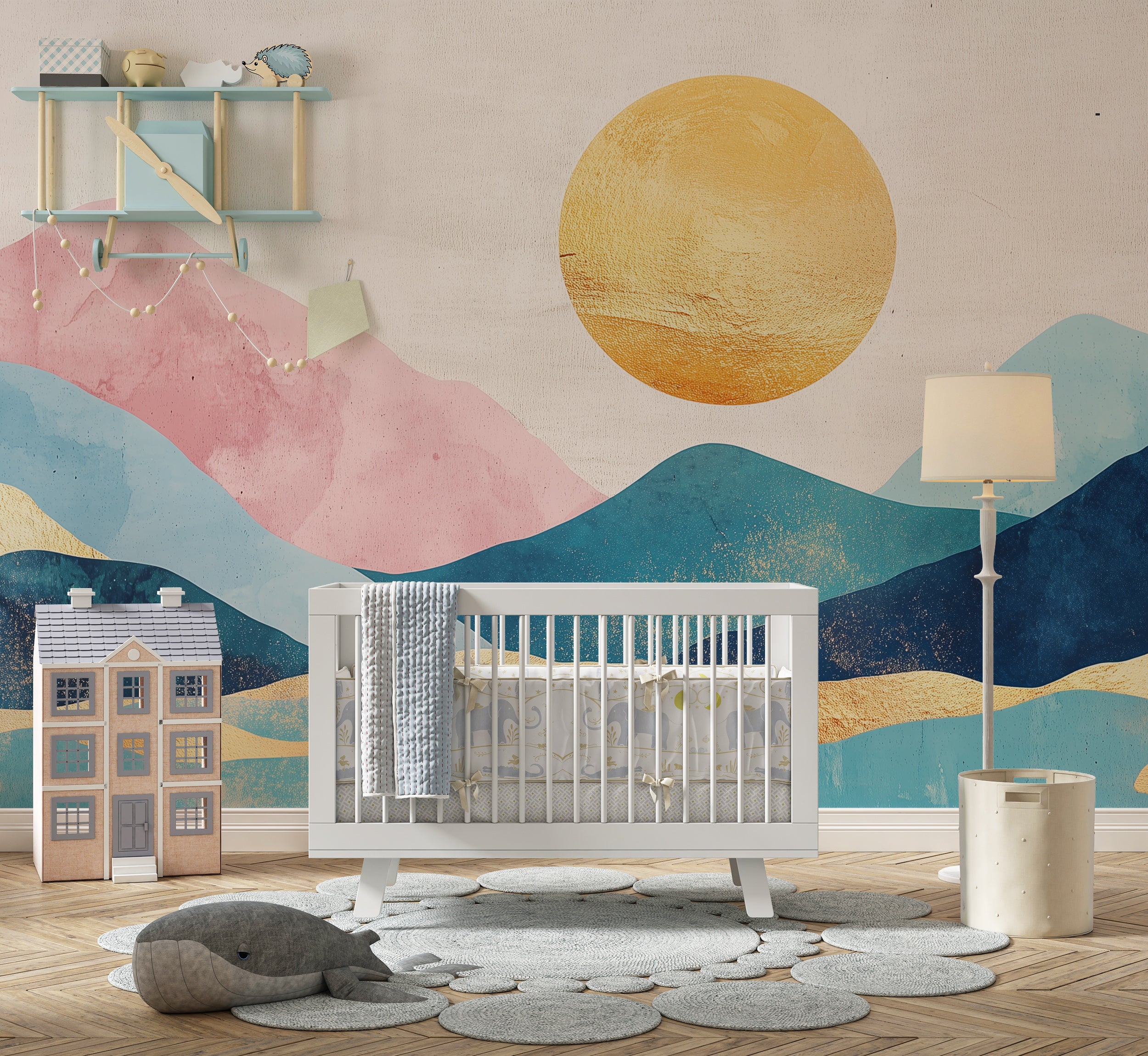 Artistic mountain mural with pastel blue and pink accents.
Modern landscape wallpaper with abstract pastel shapes.