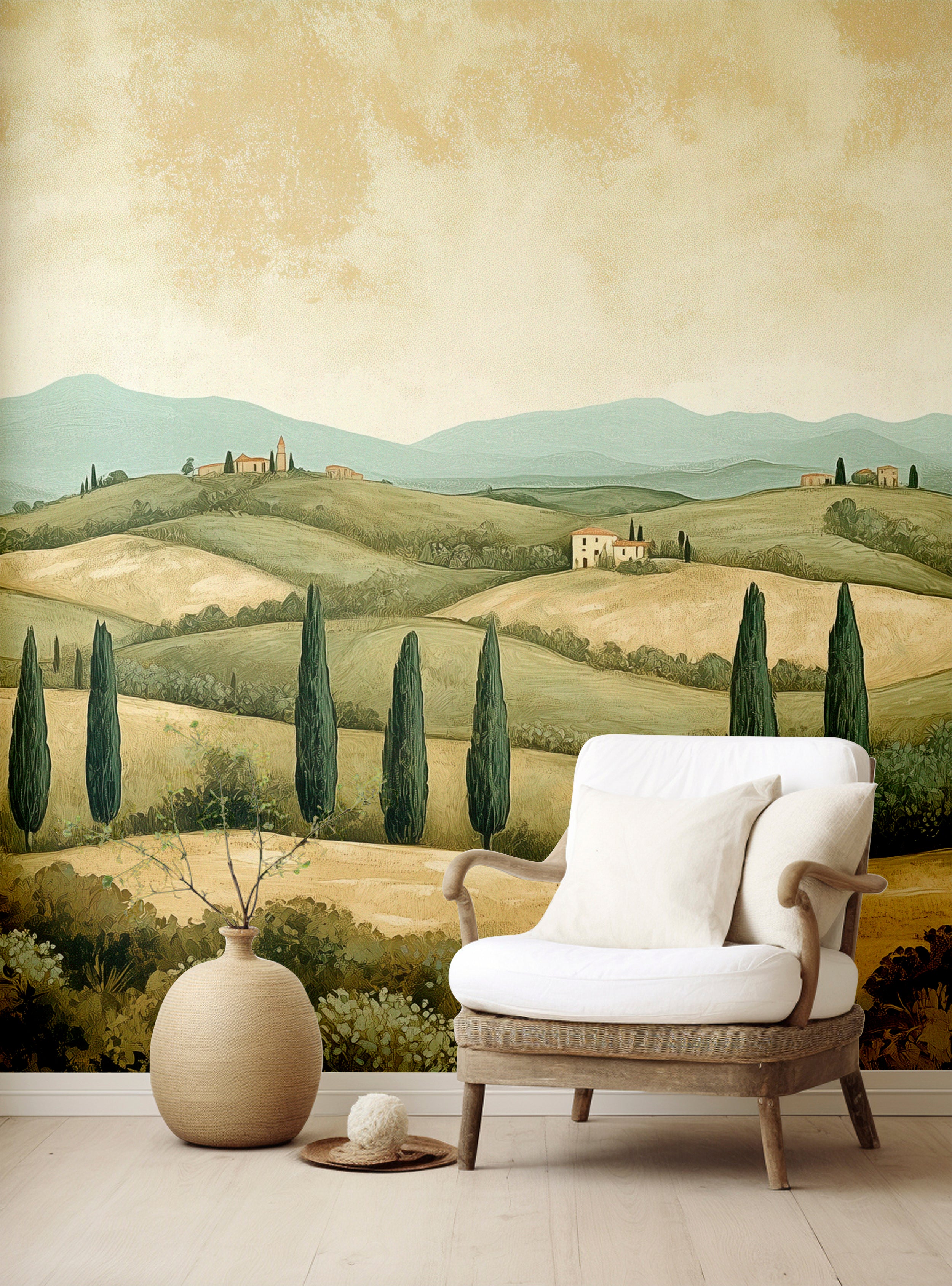 Watercolor green field mural with Italian landscape.
Vintage scenic wallpaper featuring cypress trees.