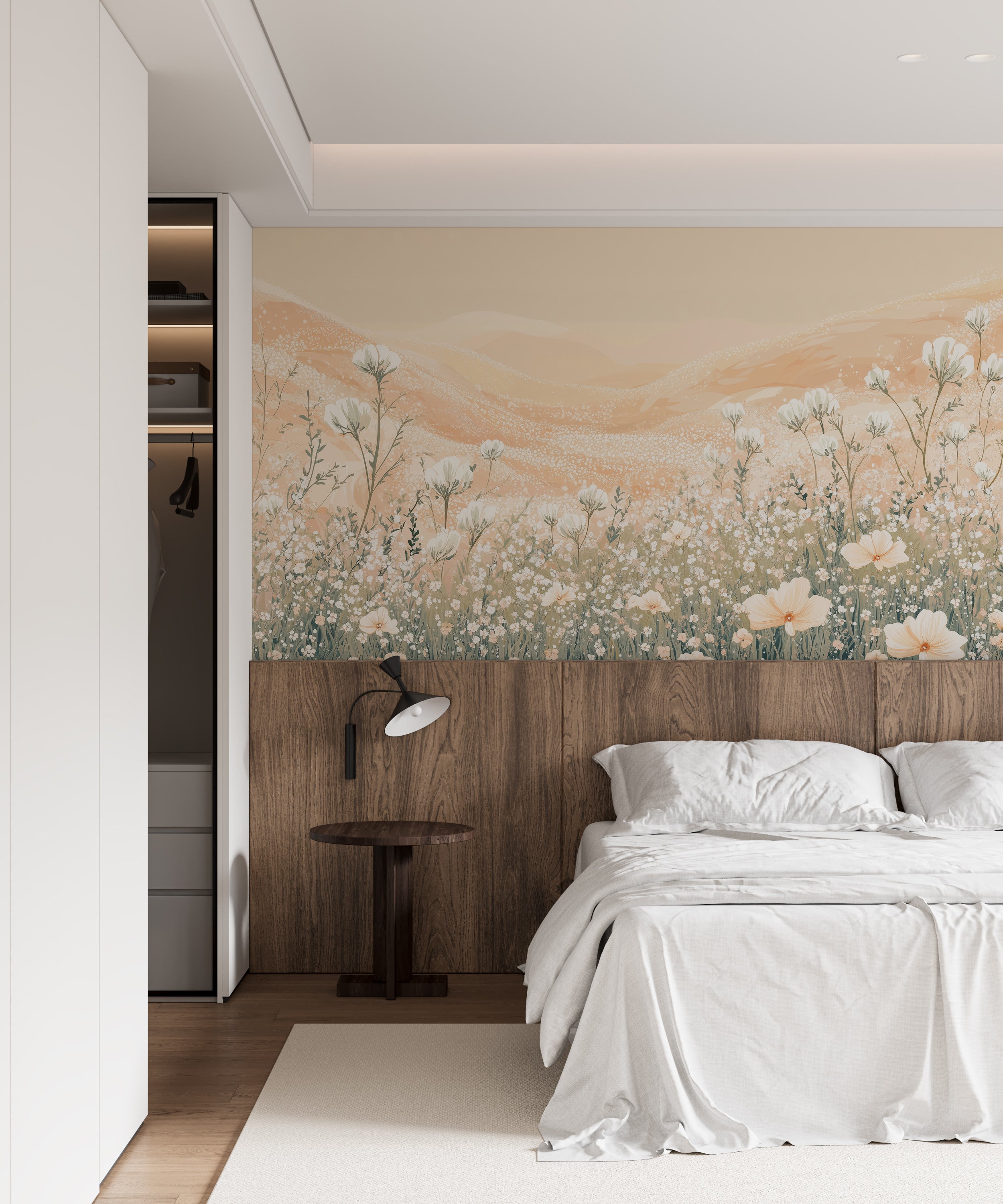 White flower meadow mural with a warm beige palette.
Peel-and-stick wallpaper with a soft flower field design.