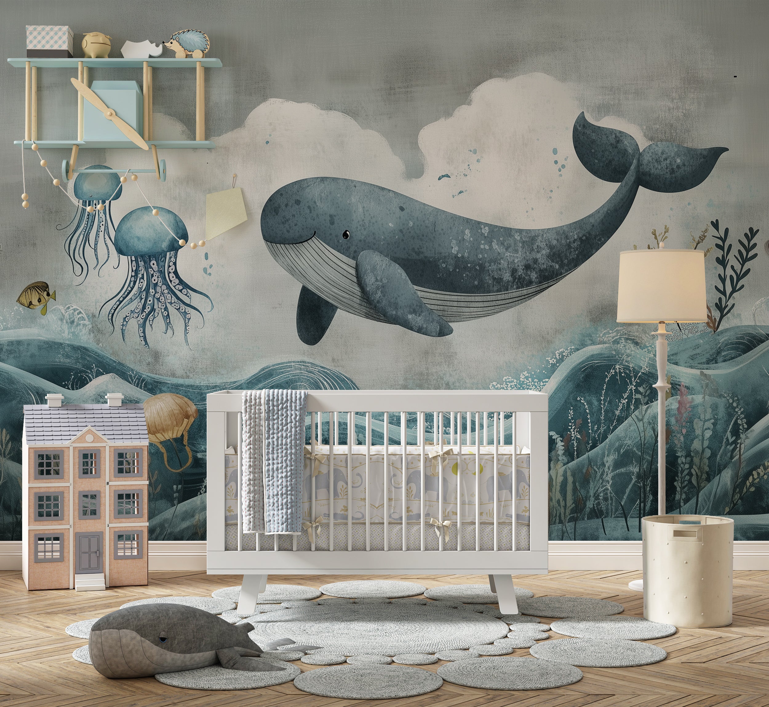 Nursery underwater life mural with whales and jellyfish.
Blue abstract ocean wallpaper for kids’ rooms.