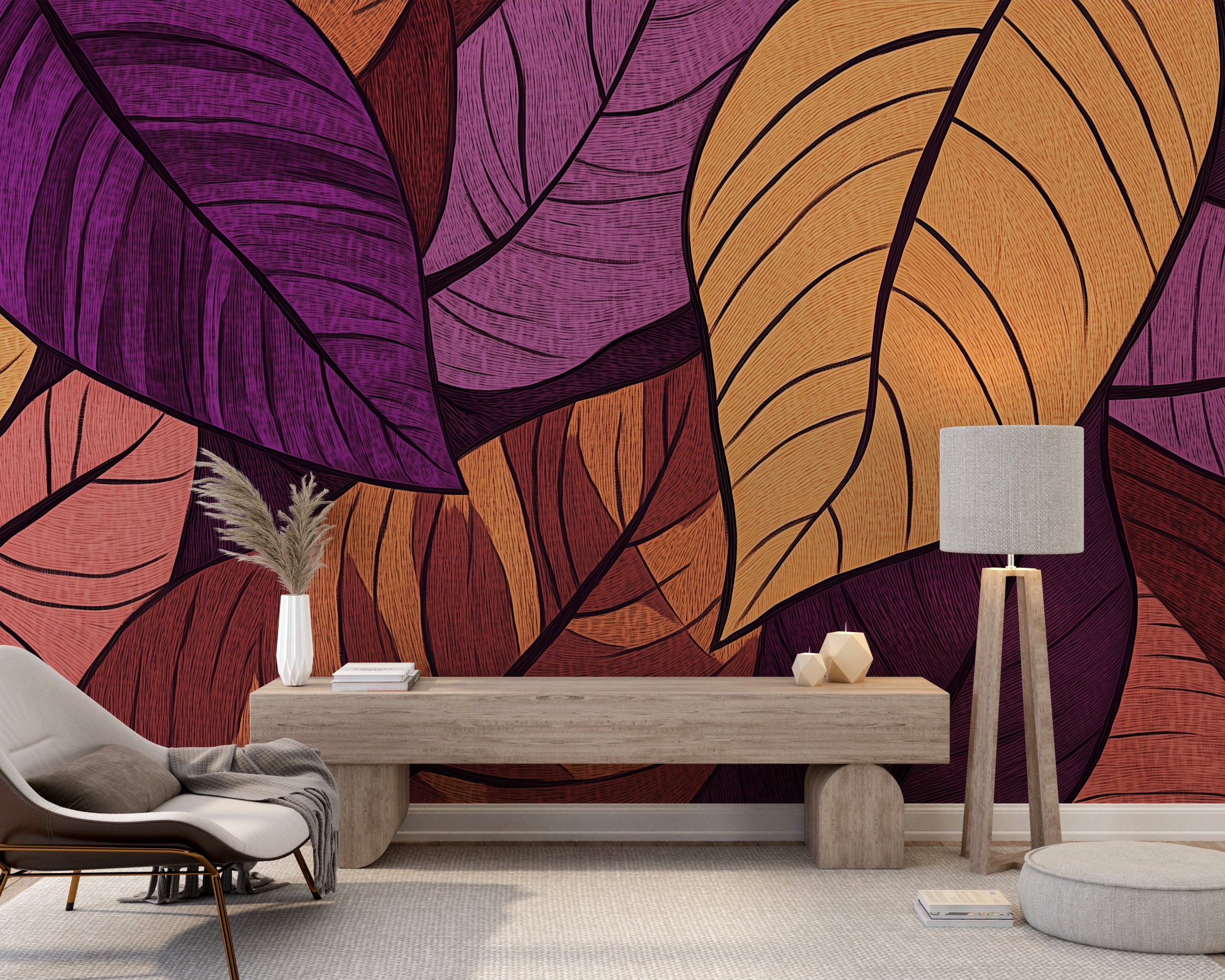 Removable tree leaves mural for bold interiors.
Colourful leaf mural with large botanical patterns.