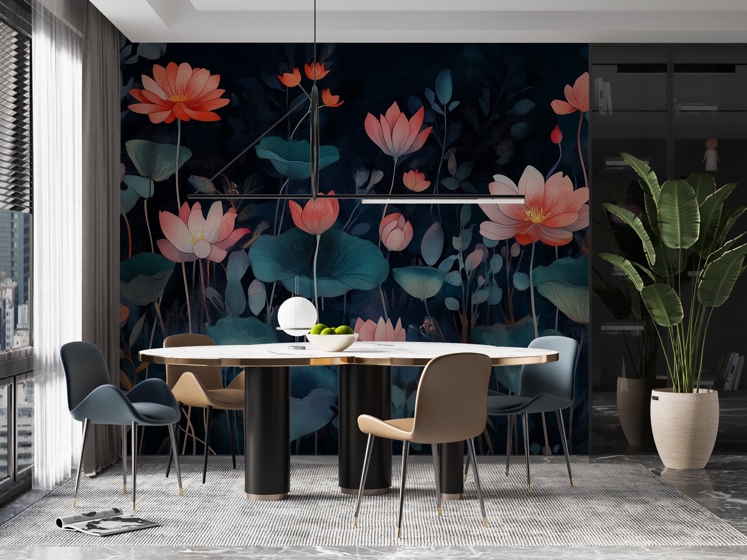 Sophisticated peel-and-stick botanical wallpaper.
Dark blue and pink floral mural for bold interiors.