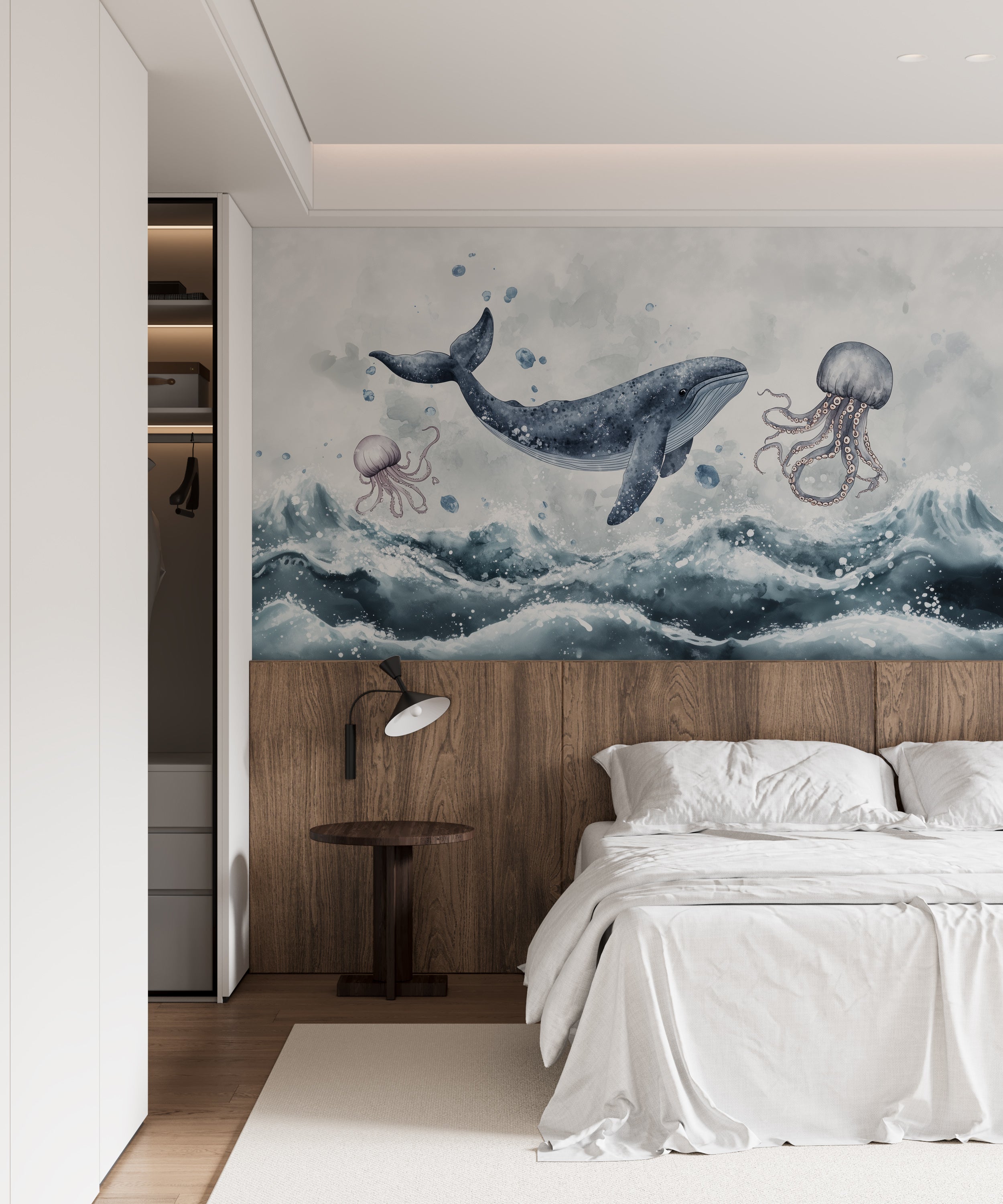 Watercolor mural featuring abstract ocean creatures.
Nursery wallpaper with whimsical ocean animals design.