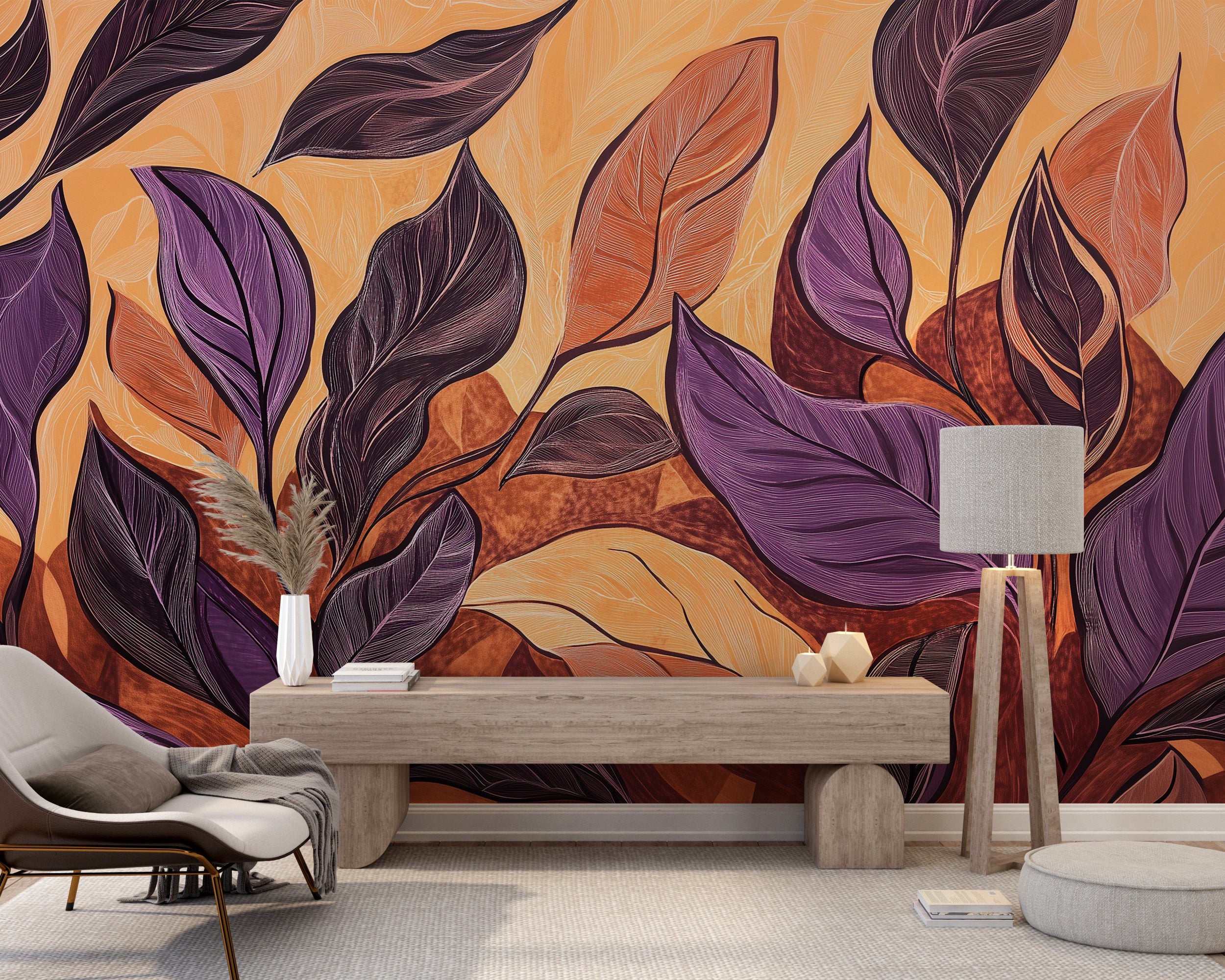 Colorful boho botanical wallpaper with autumn leaves.
Peel-and-stick autumn colored leaves wall mural.