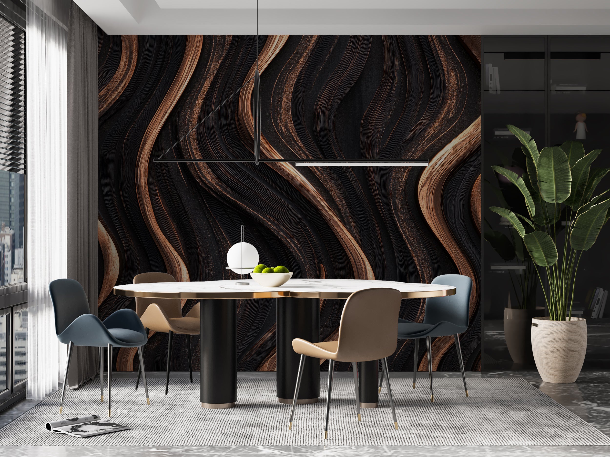 Contemporary abstract wooden wallpaper with dark tones.
Peel-and-stick wooden texture wall mural in dark brown.