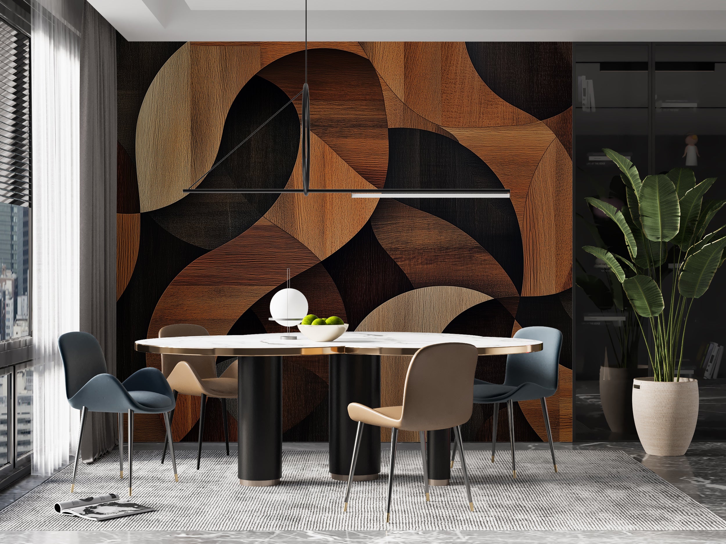 Walnut wood abstract wall mural for contemporary rooms.
Peel-and-stick geometric walnut wood accent wall mural.