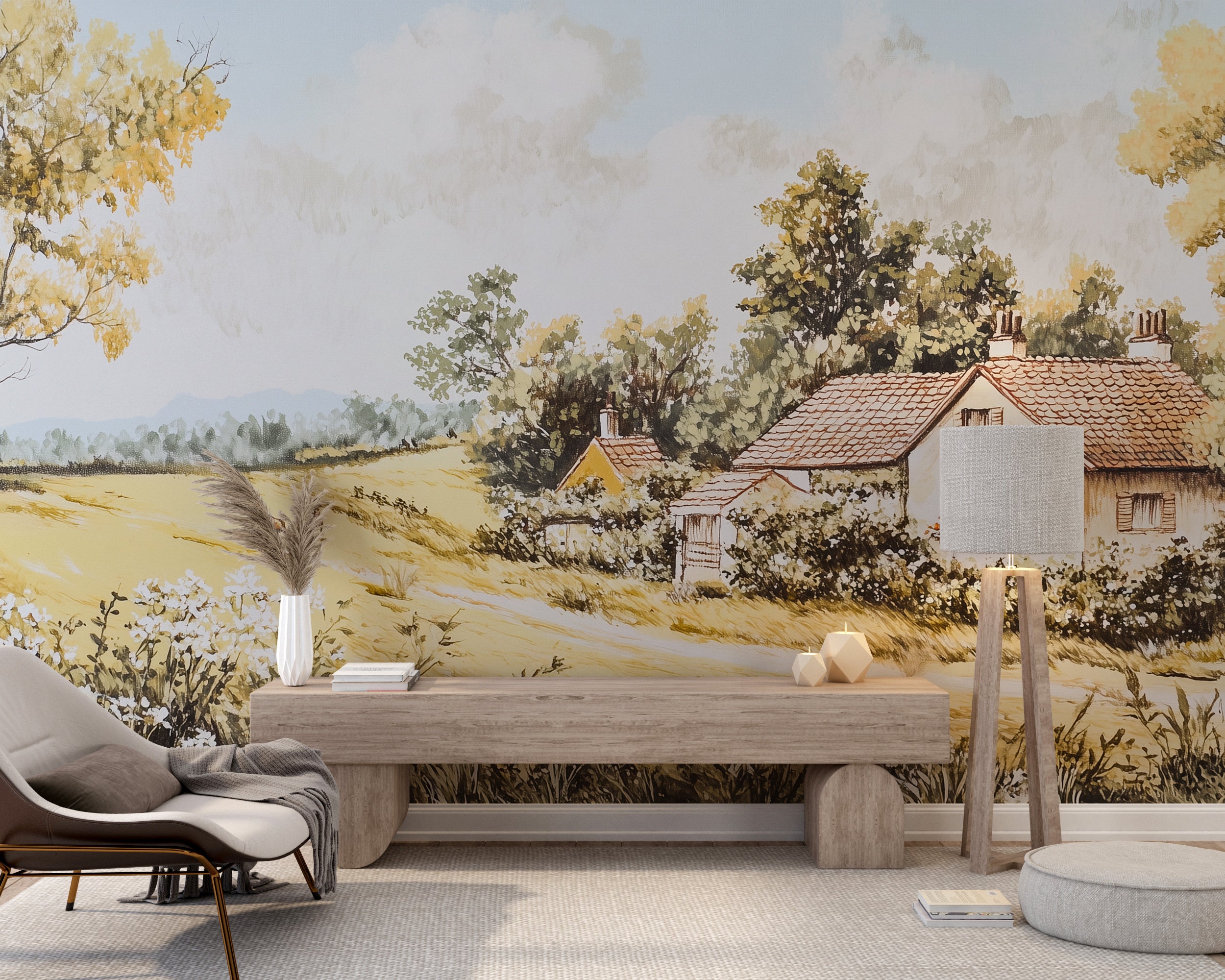 French Countryside Oil Painting Wall Mural, Scenic House and Trees Wallpaper, Peel and Stick Vinatge Landscape Mural