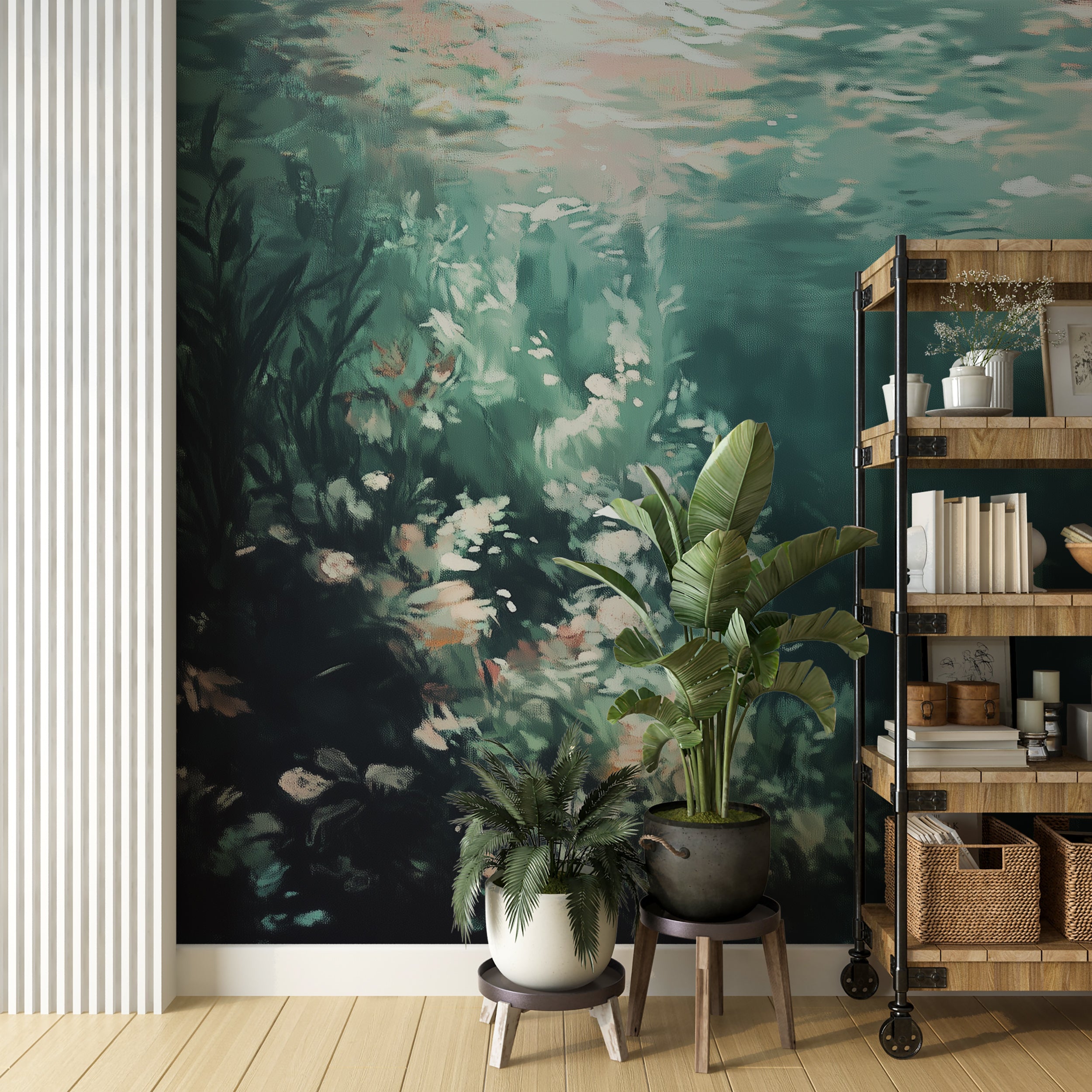 Dark Turquoise Underwater Wallpaper, Mystic Ocean Wall Mural, Dark Green Peel and Stick Corals Wall Mural