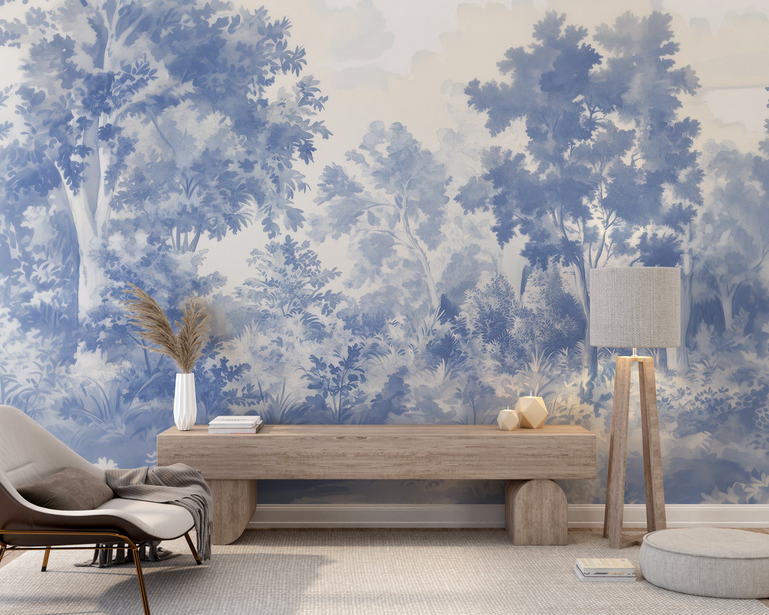 Elegant vintage forest wall mural with blue trees.
French countryside style wallpaper with forest trees.