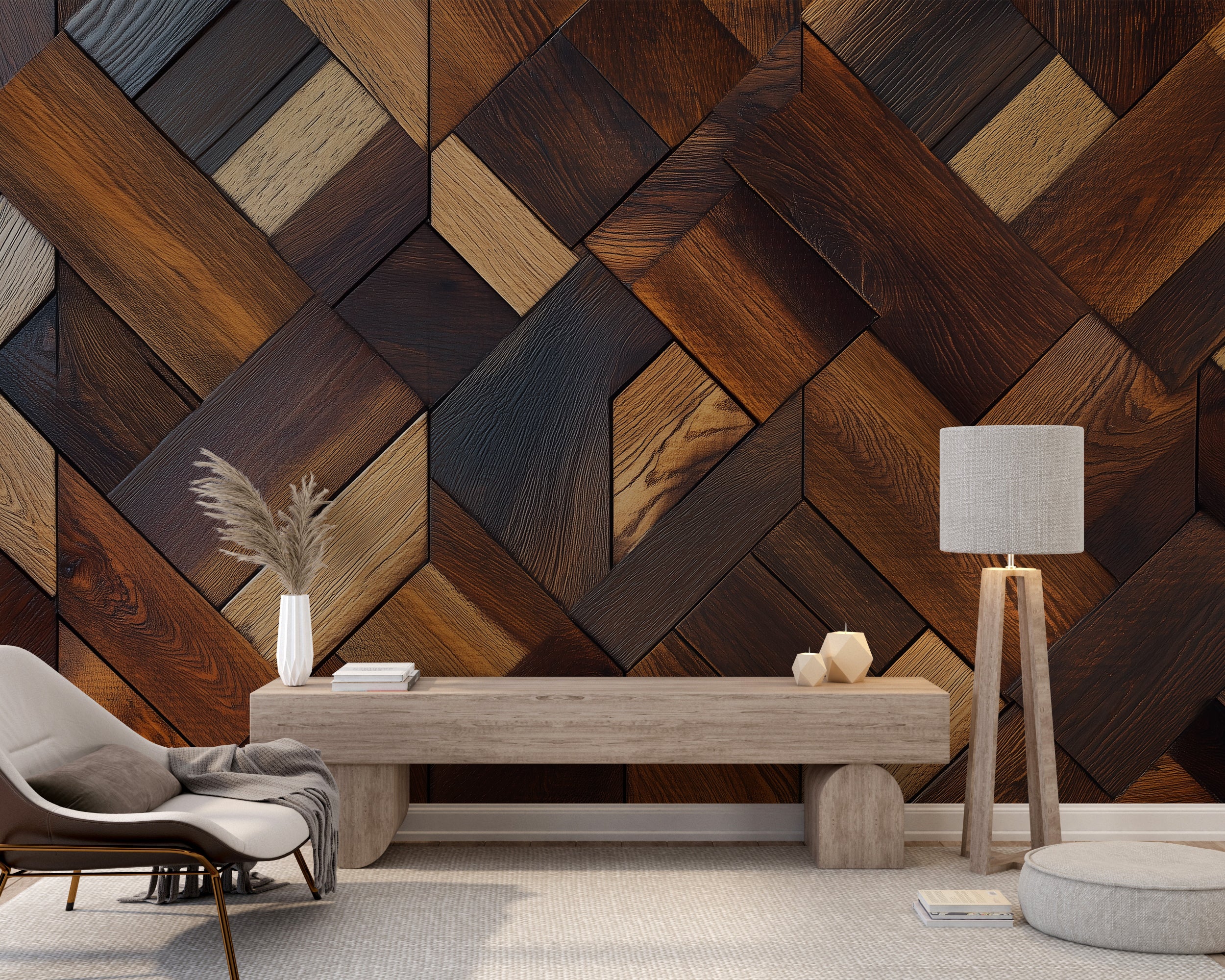 Textured wooden style wallpaper for natural home decor.
Peel-and-stick dark wood pattern mural for cozy interiors.