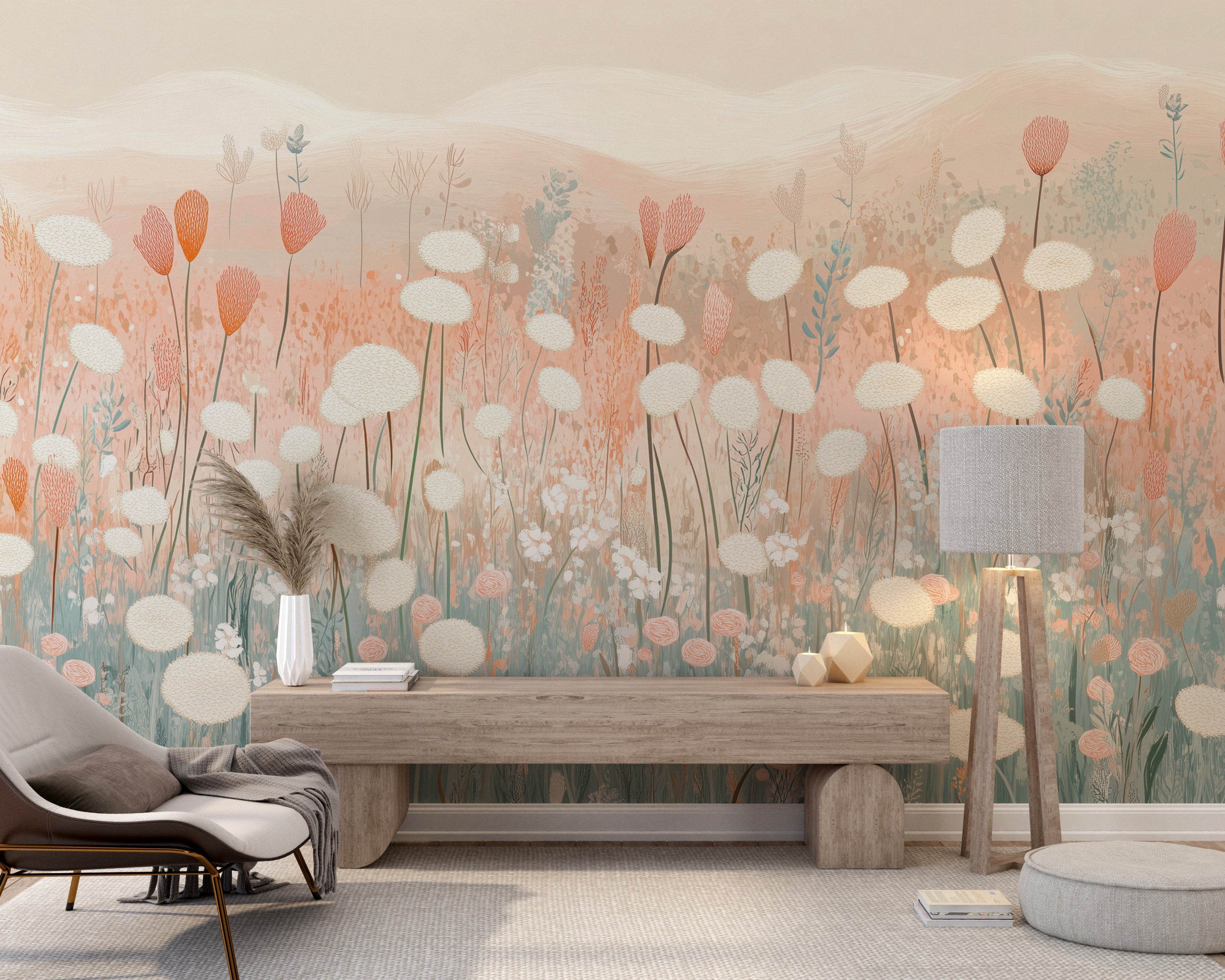 Watercolor nature-inspired wallpaper with pink and green tones.
Soft botanical watercolor mural for serene kids room.