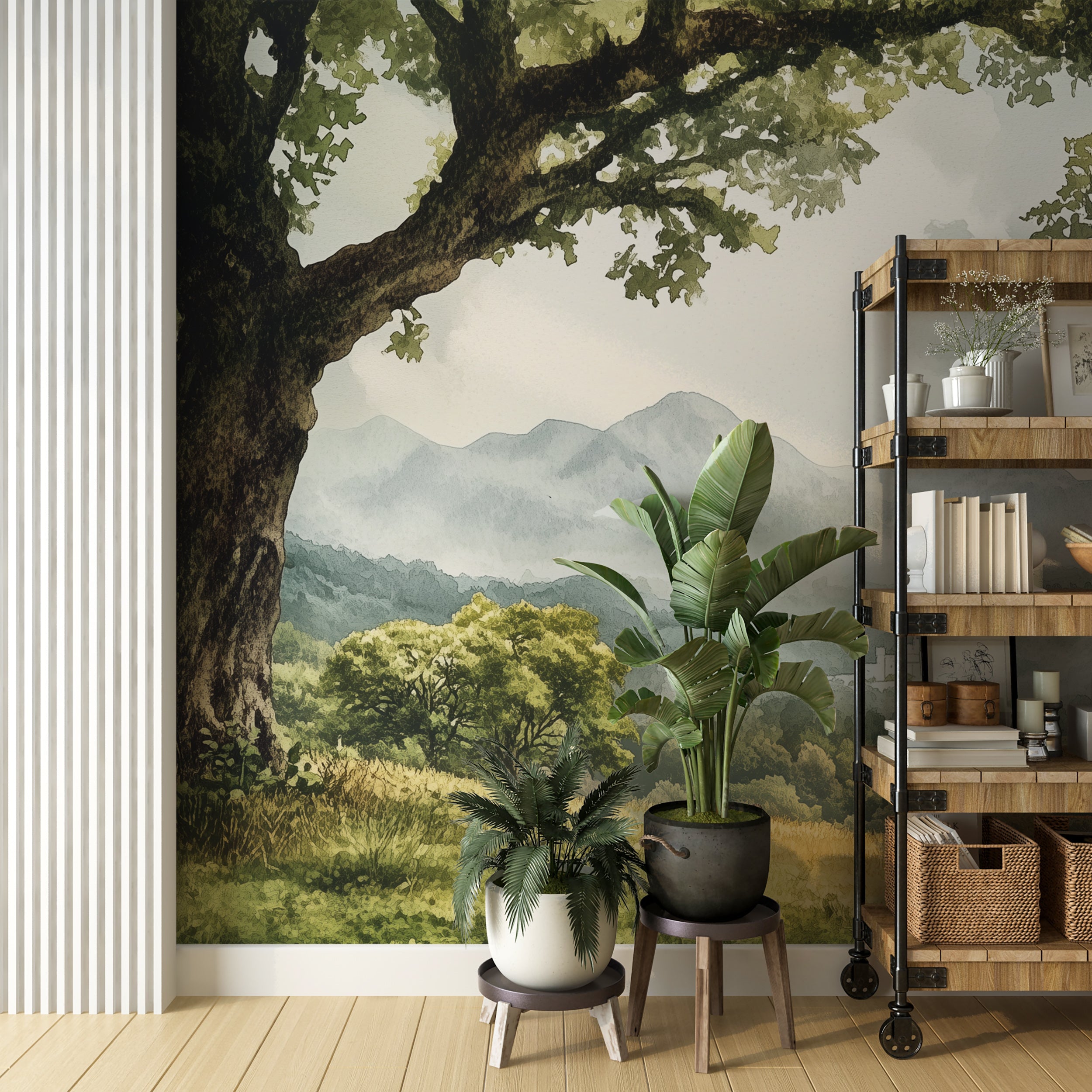 Tranquil mountain valley landscape with tree branches mural.
Serene hanging tree branch scenic wallpaper for bedroom decor.