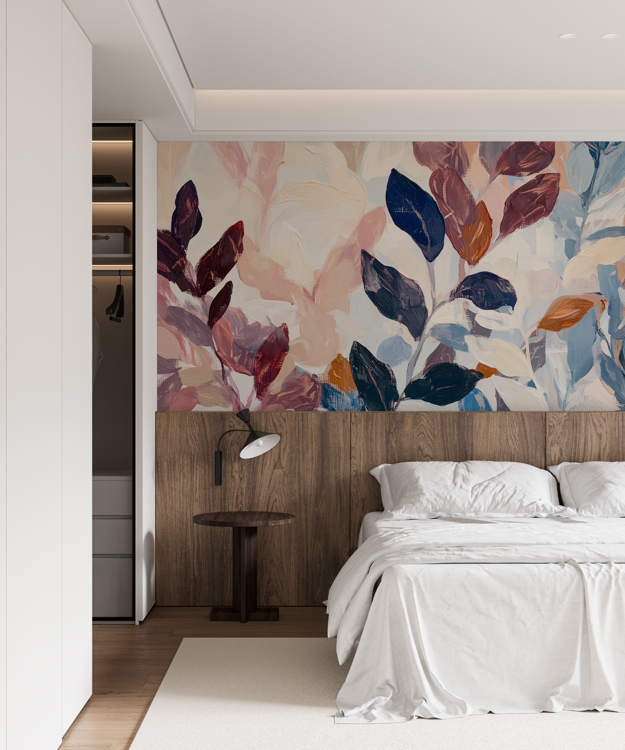 Burgundy and navy blue accent leaves wallpaper for bedroom.
Peel-and-stick botanical mural with navy blue and burgundy shades.