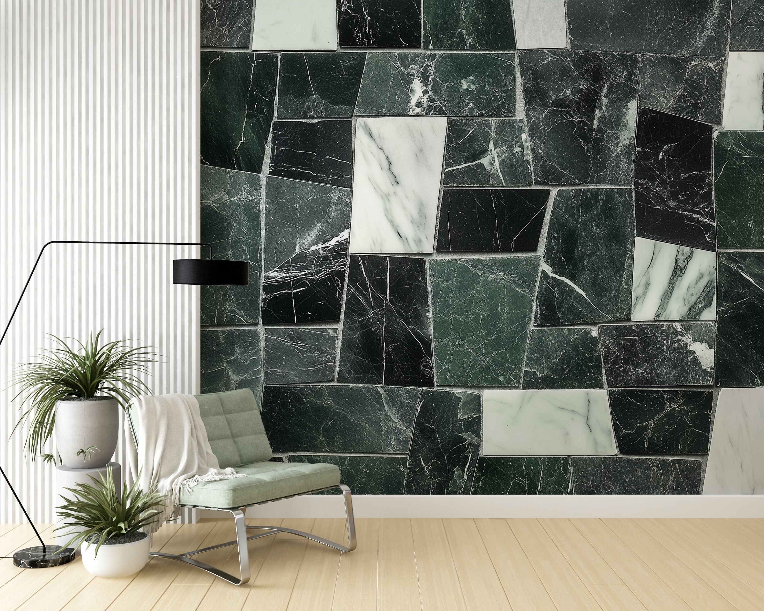 Luxurious green and grey marble mural for accent walls.
Removable marble tiles wallpaper with green and grey patterns.