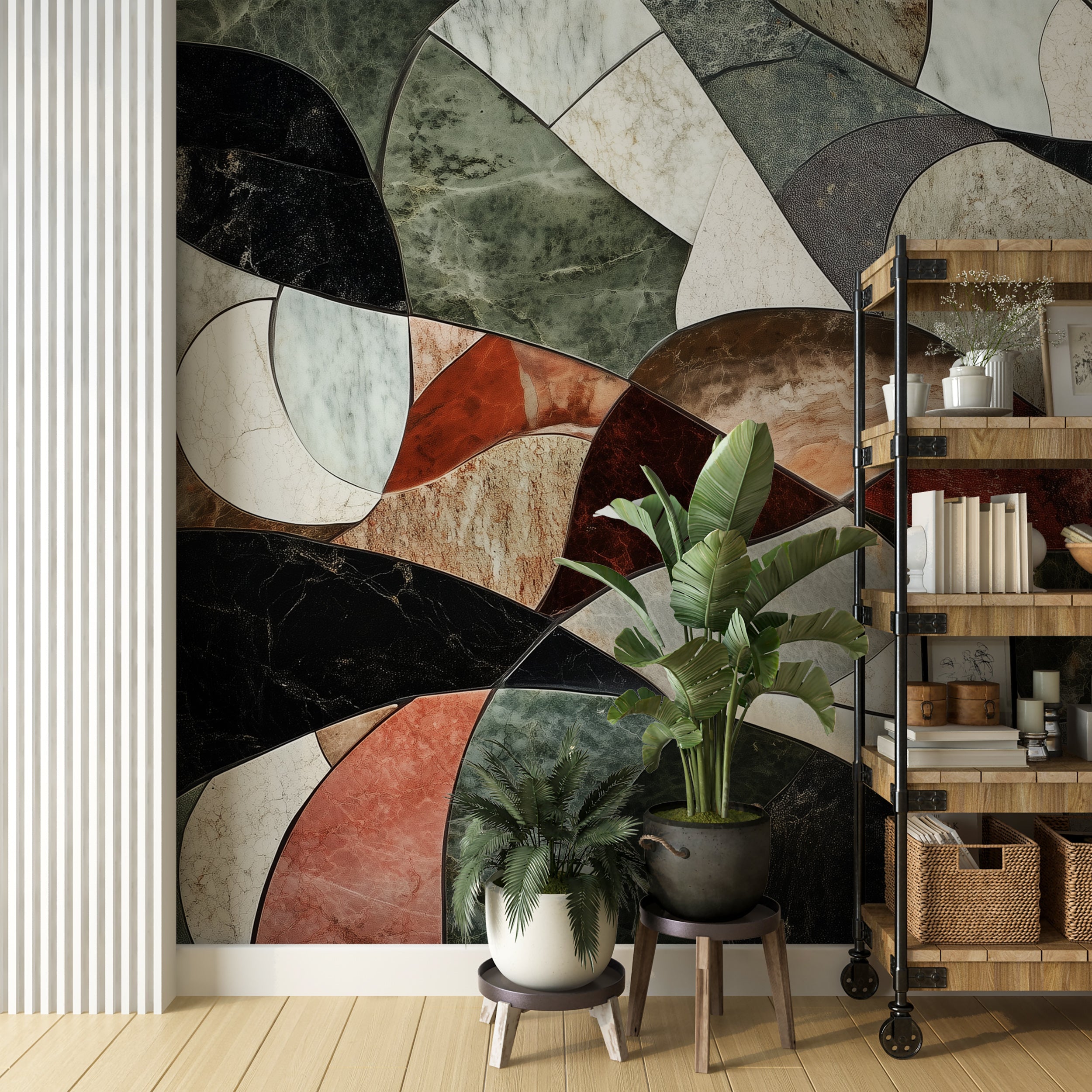 Colorful marble wall art for contemporary decor.
Abstract geometric marble wallpaper with vibrant hues.