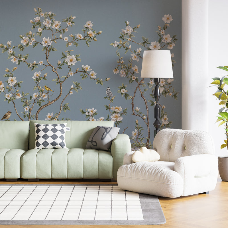 Dusty Blue Chinoiserie Wallpaper with White Cherry Blossoms and Songbi