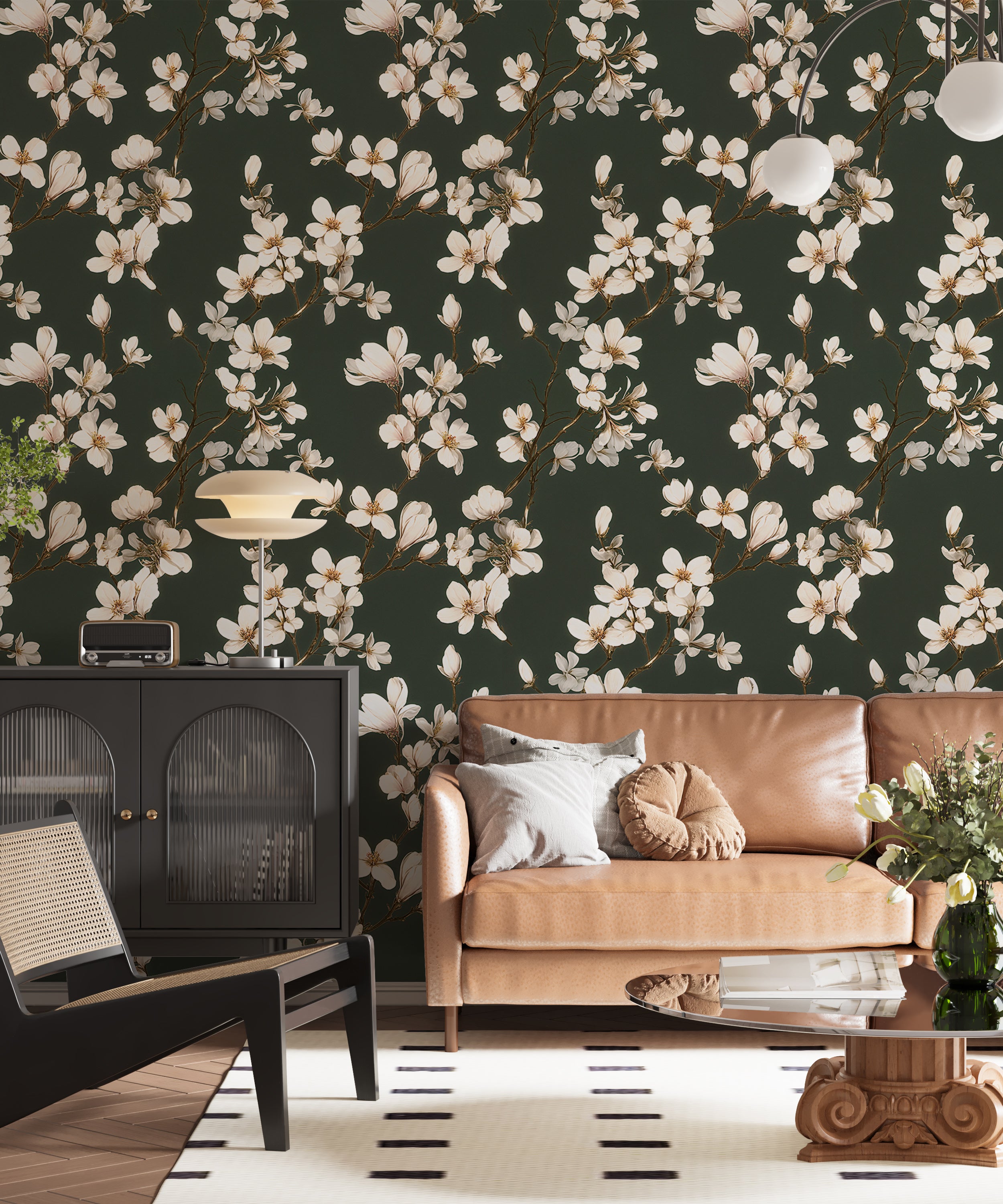 Muted Green White Magnolia Wallpaper Floral Peel and Stick Dark Background Watercolor Blossom Branches Decor