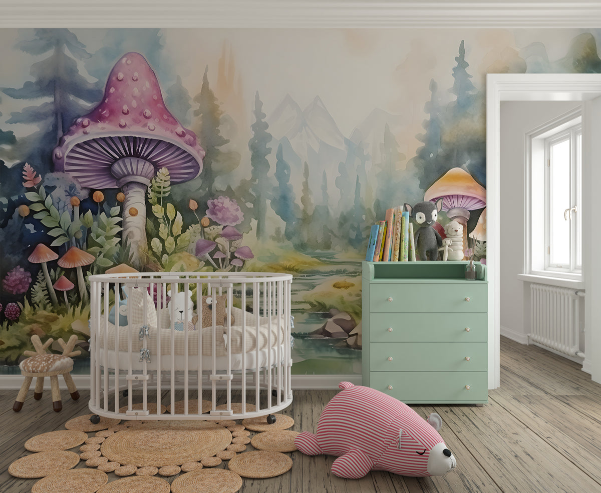 Watercolor Mushrooms Mural - Fairy Forest Wallpaper