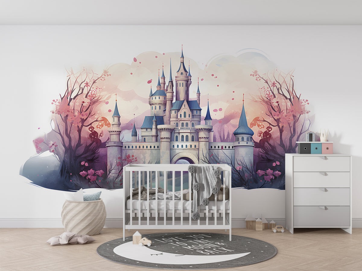 Nursery Castle Mural - Pink and Blue Watercolor Baby Wallpaper