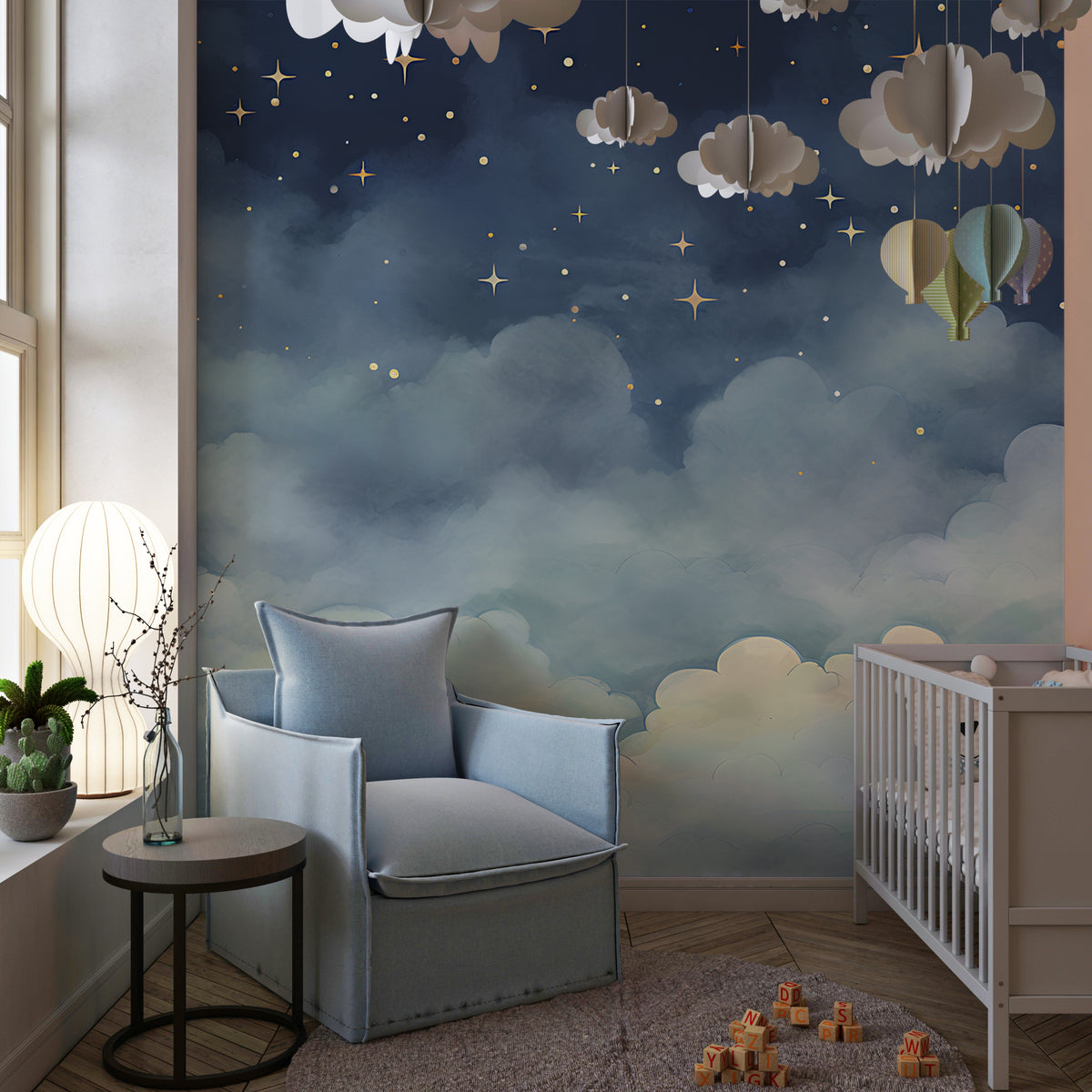 Blue Sky With Stars Mural - Nursery Peel and Stick Night Sky Wallpaper