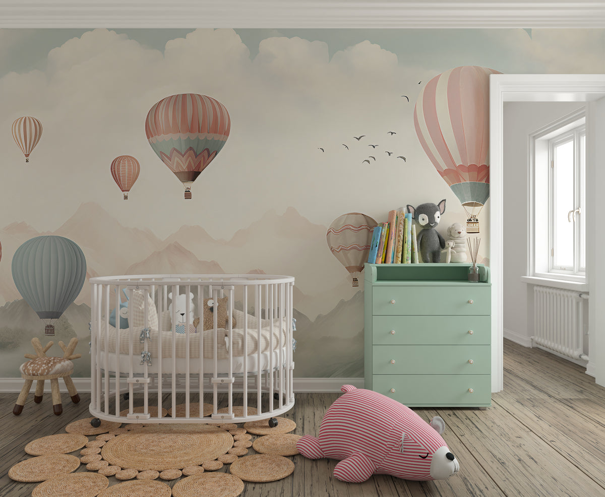 Nursery Hot Air Balloons Wall Mural - Mountains Landscape Mural