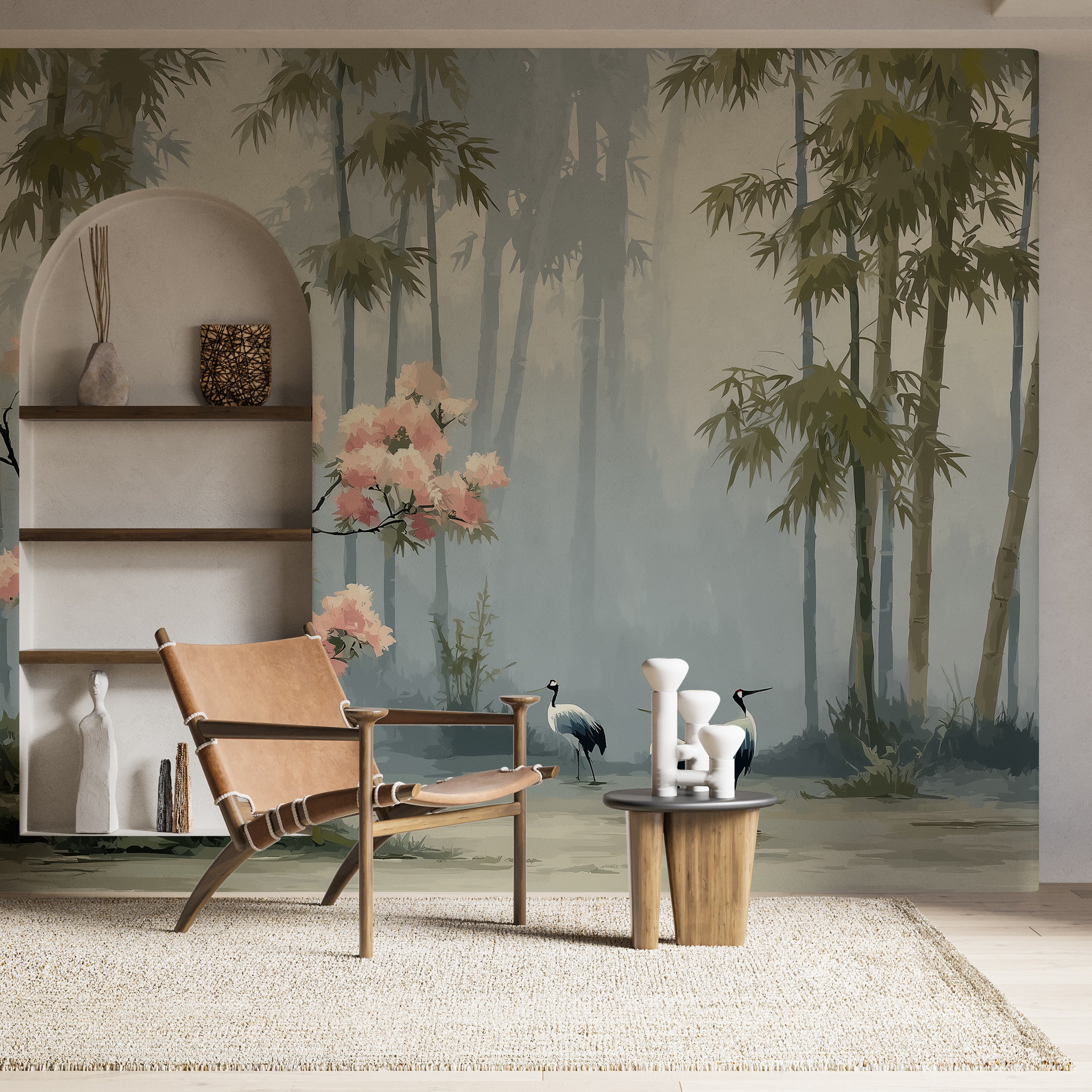 Cranes in Bamboo Forest Mural with Cherry Blossoms in Japanese Nature Peel and Stick Removable Wallpaper