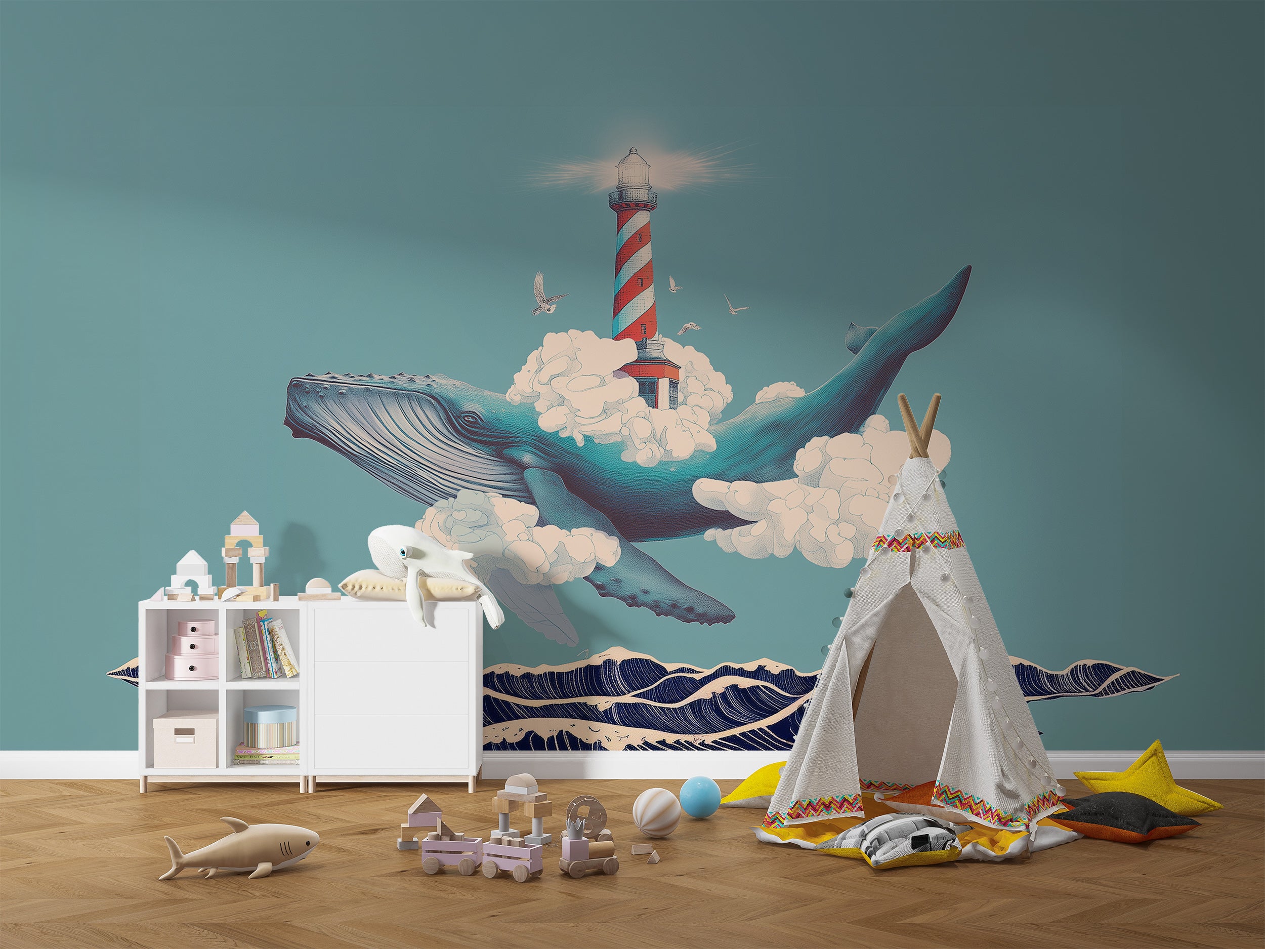 Lighthouse floating on whale mural

Imaginative sea story wall mural