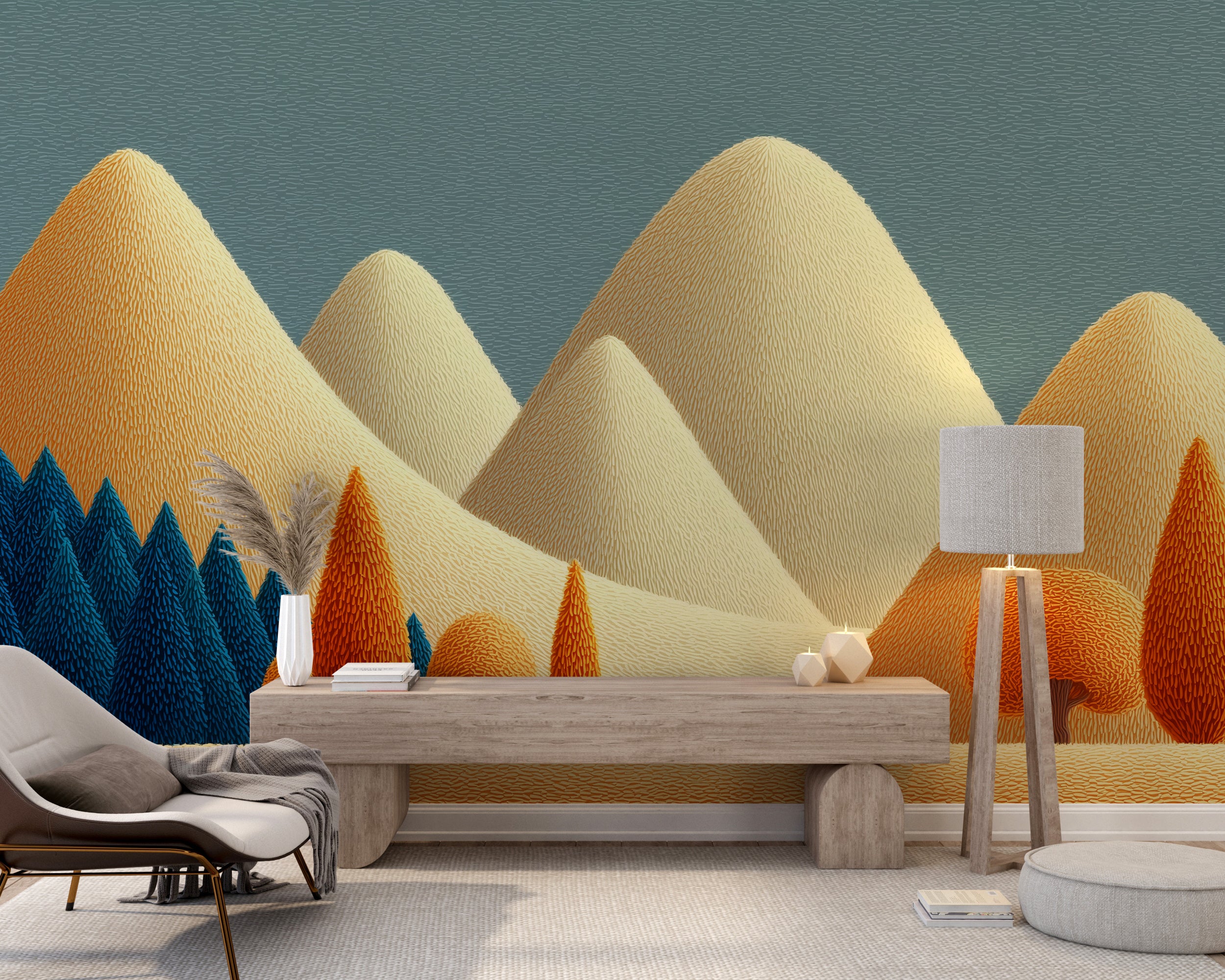 Abstract forest and mountain wallpaper

Pastel toned landscape mural design