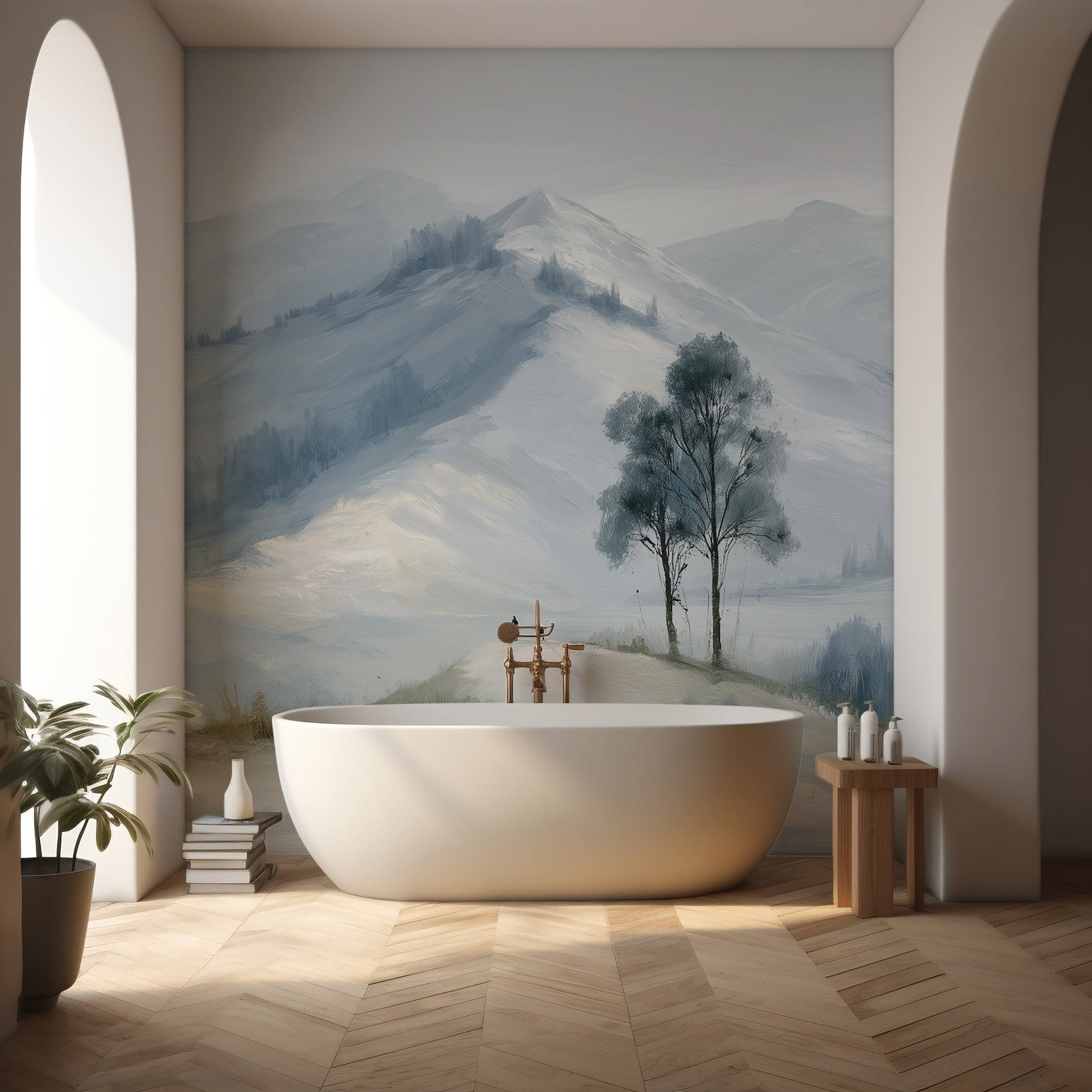Soft blue mountain landscape mural

Watercolor mountain peel and stick wallpaper