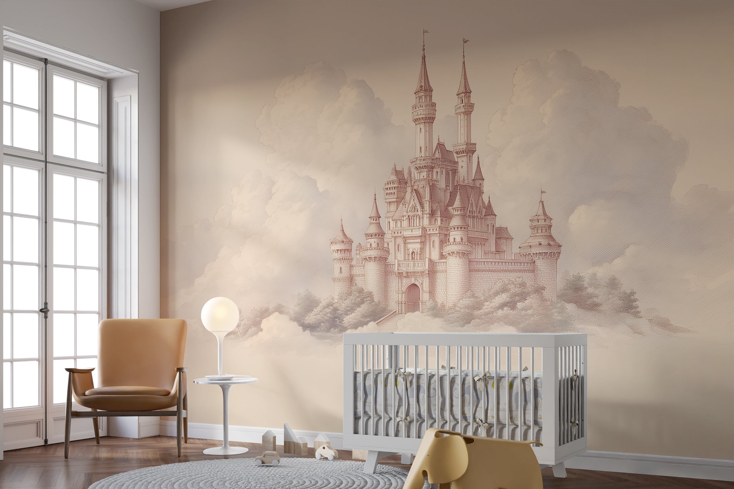Fantasy Princess Castle in Clouds Wall Mural Beige and Soft Pastel Dreamy Fairytale Wallpaper